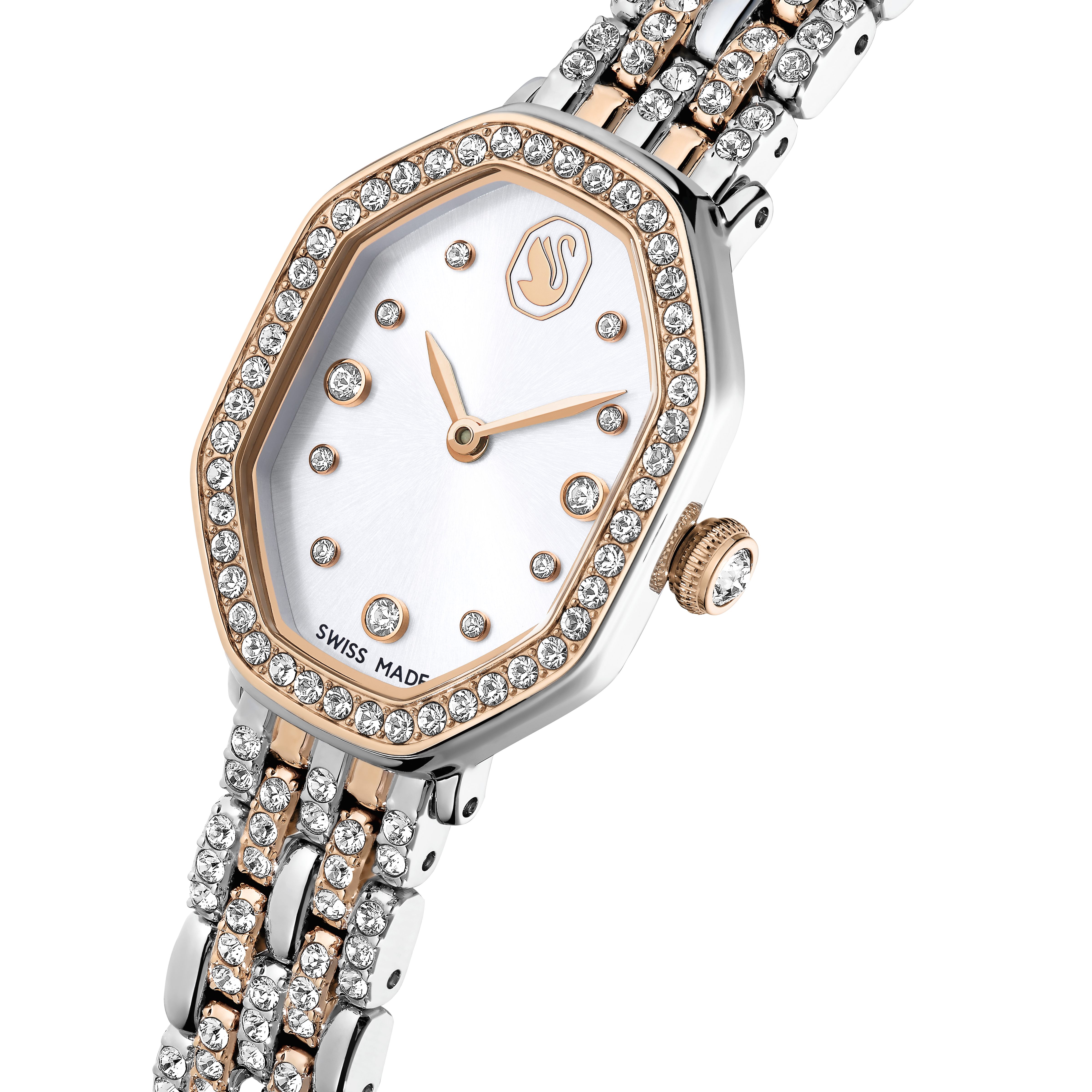Swarovski Dextera octagon watch, Swiss Made, Metal bracelet, Silver tone, Rose gold-tone finish 5715521