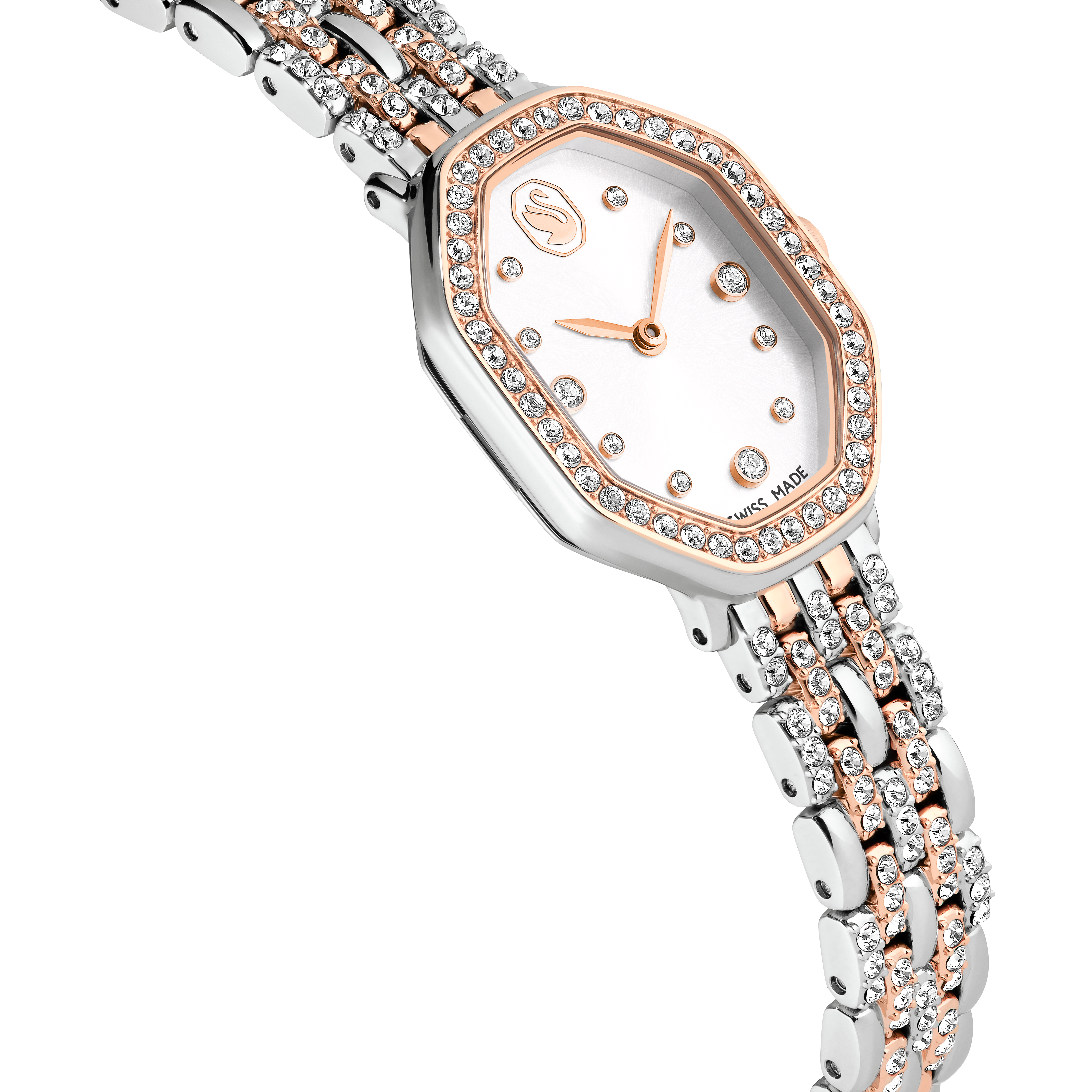 Swarovski Dextera octagon watch, Swiss Made, Metal bracelet, Silver tone, Rose gold-tone finish 5715521