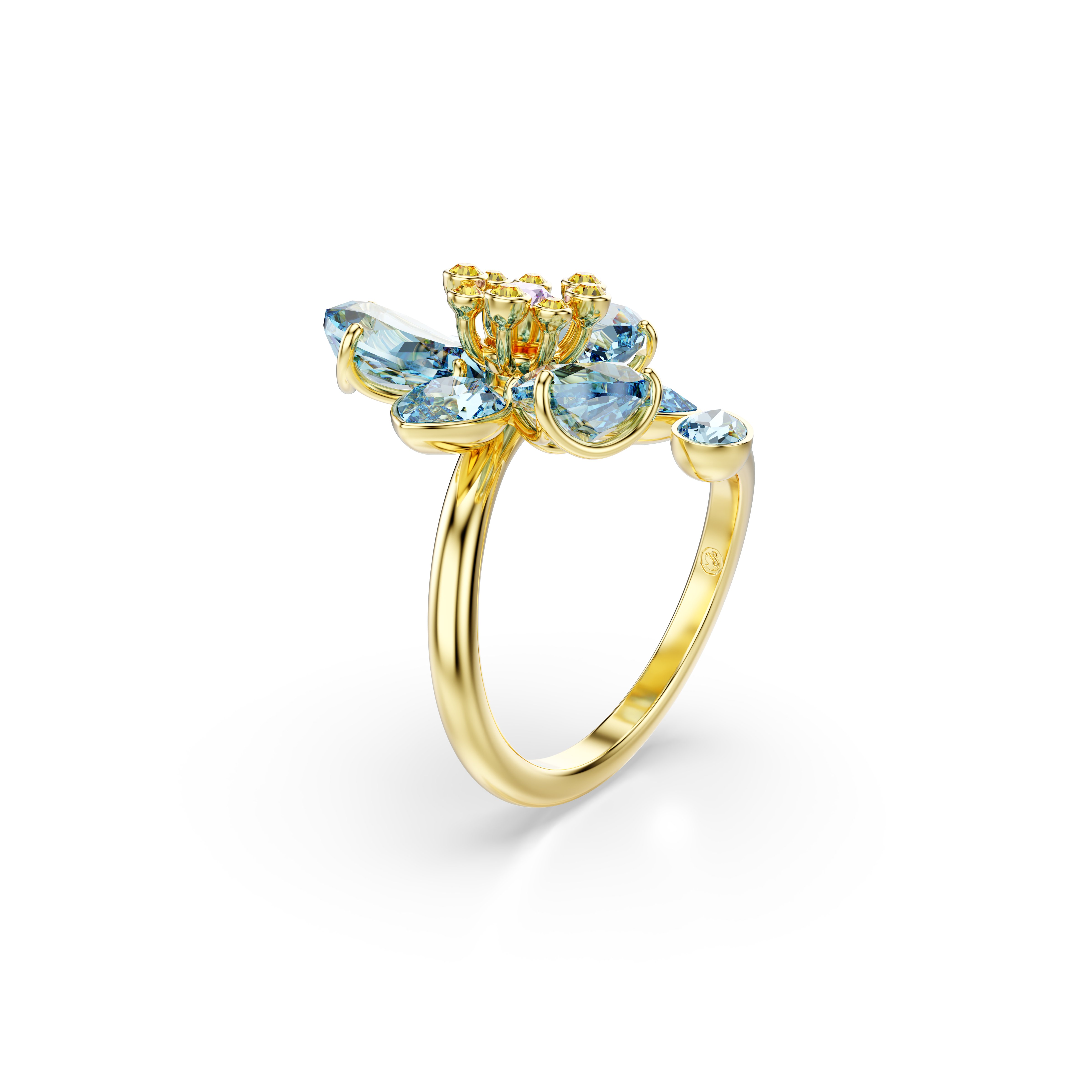 Swarovski Idyllia open ring, Mixed cuts, Flower, Blue, Gold-tone plated 5721585