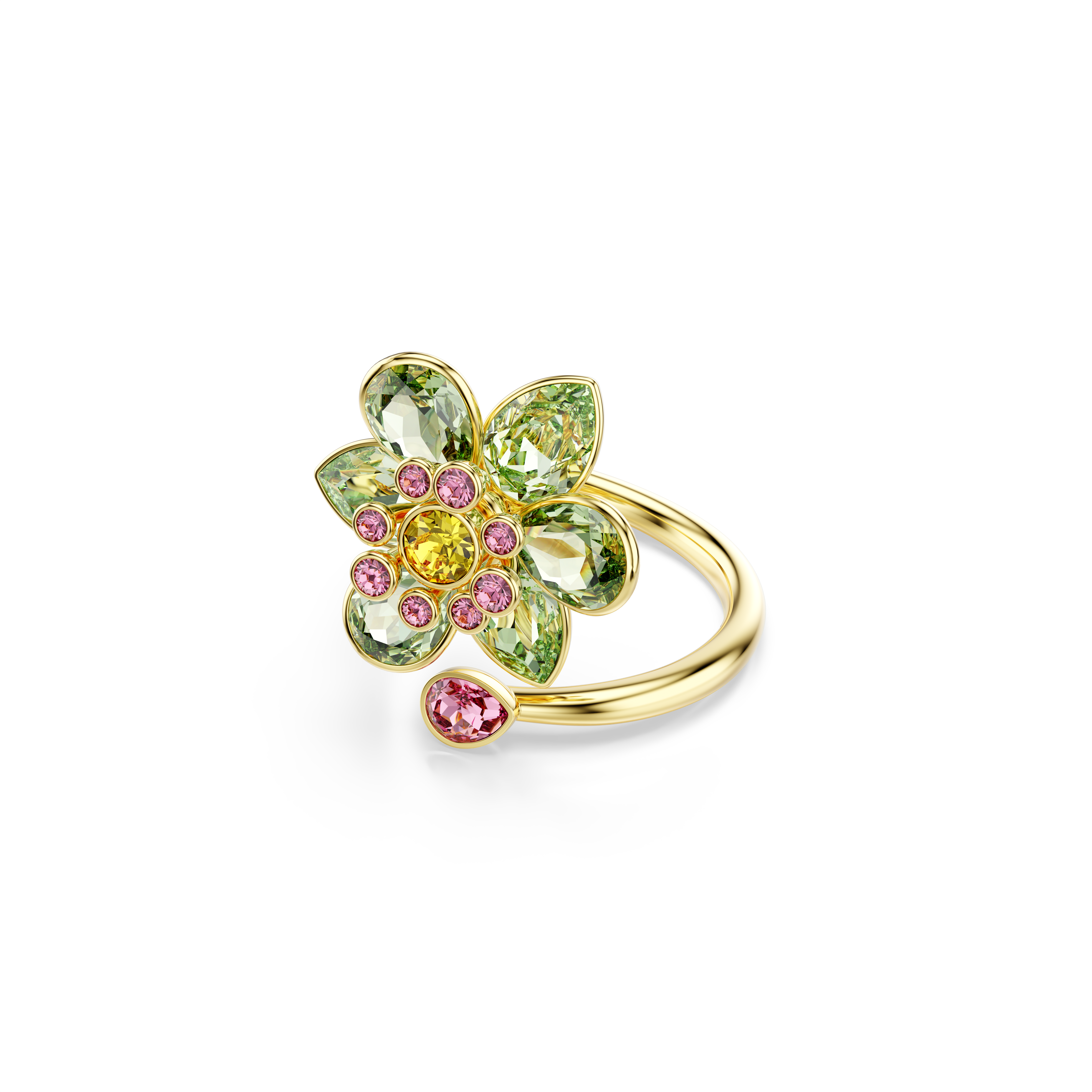 Swarovski Idyllia open ring, Mixed cuts, Flower, Green, Gold-tone plated 5721598
