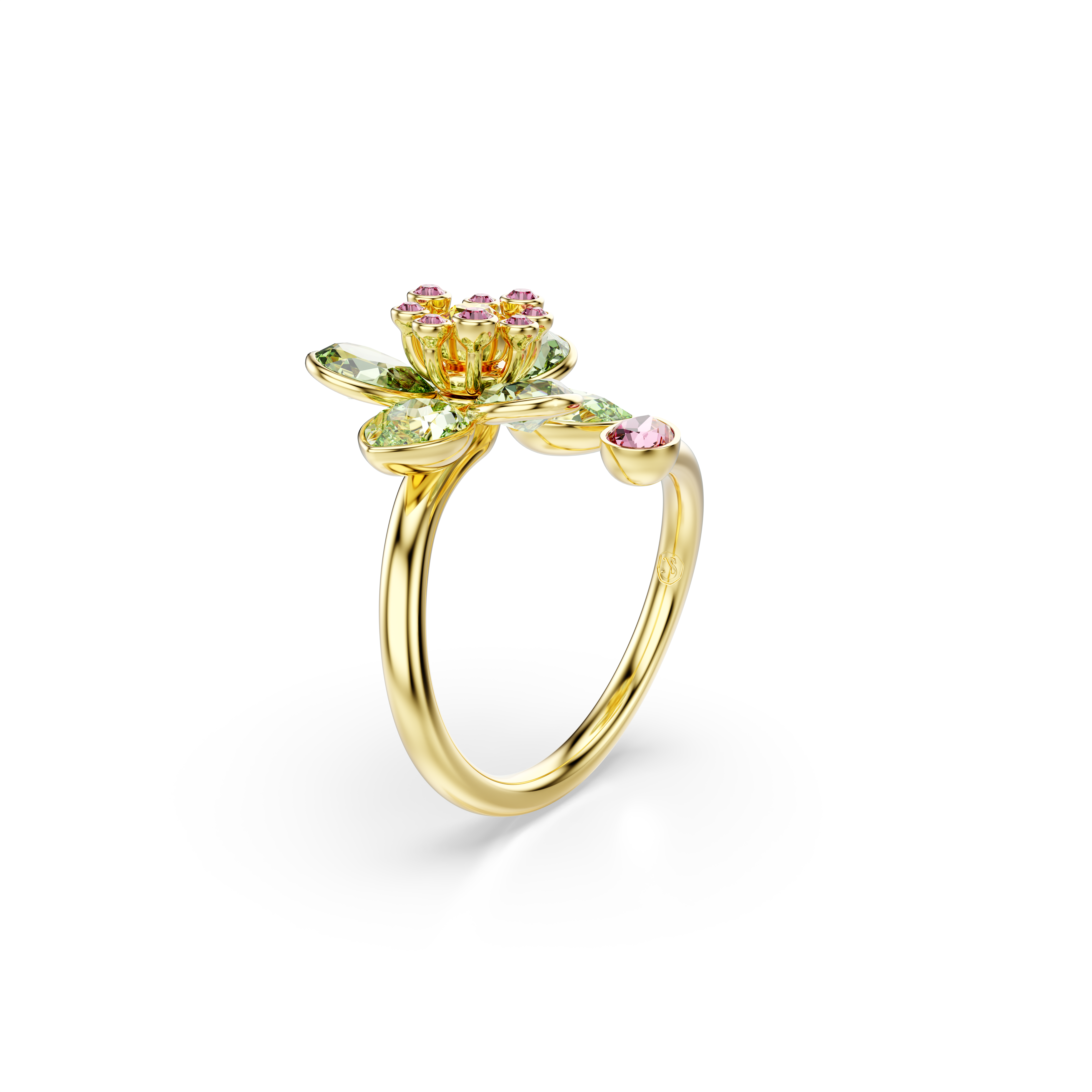 Swarovski Idyllia open ring, Mixed cuts, Flower, Green, Gold-tone plated 5721599
