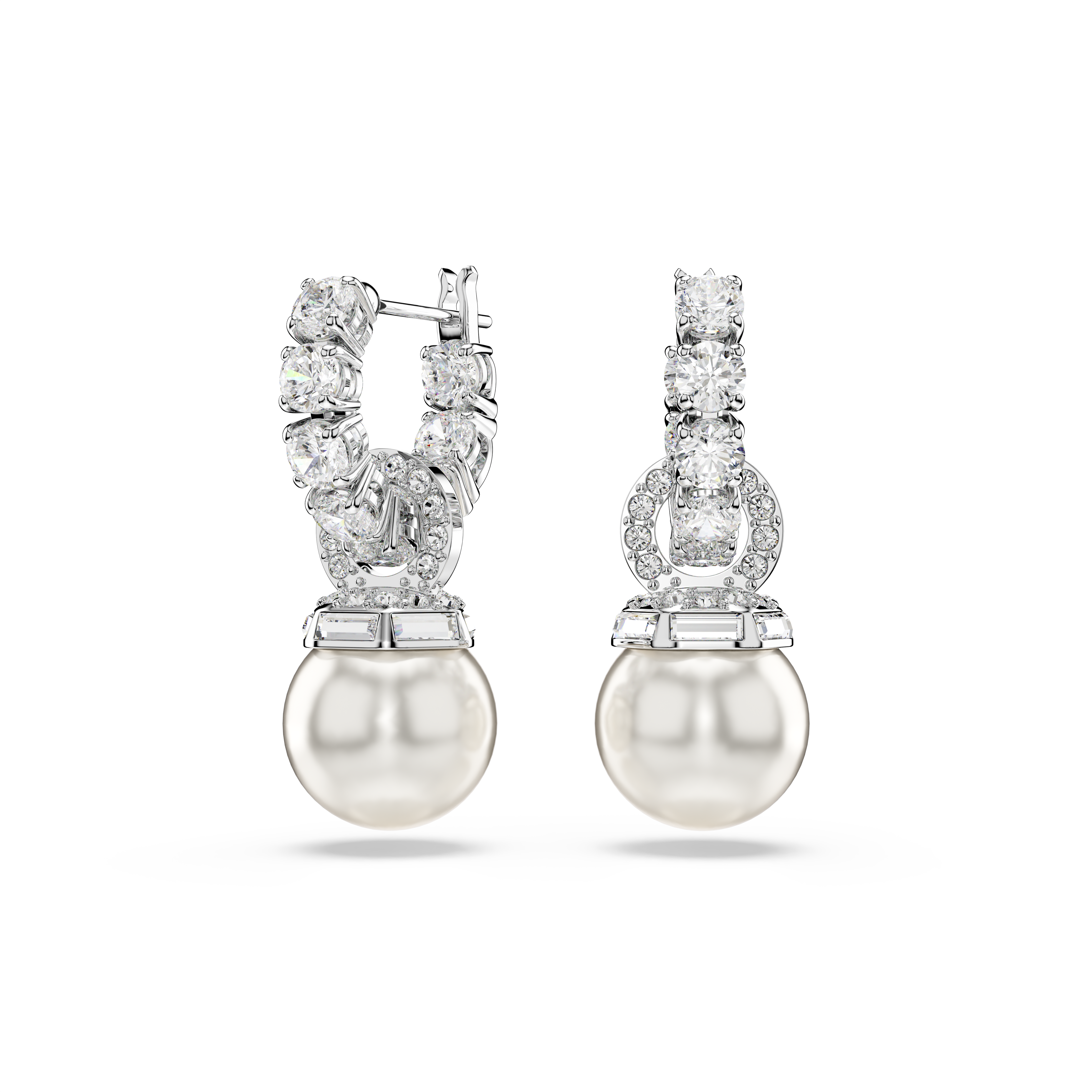 Swarovski Matrix drop earrings, Crystal pearl, Round cut, White, Rhodium plated 5723778