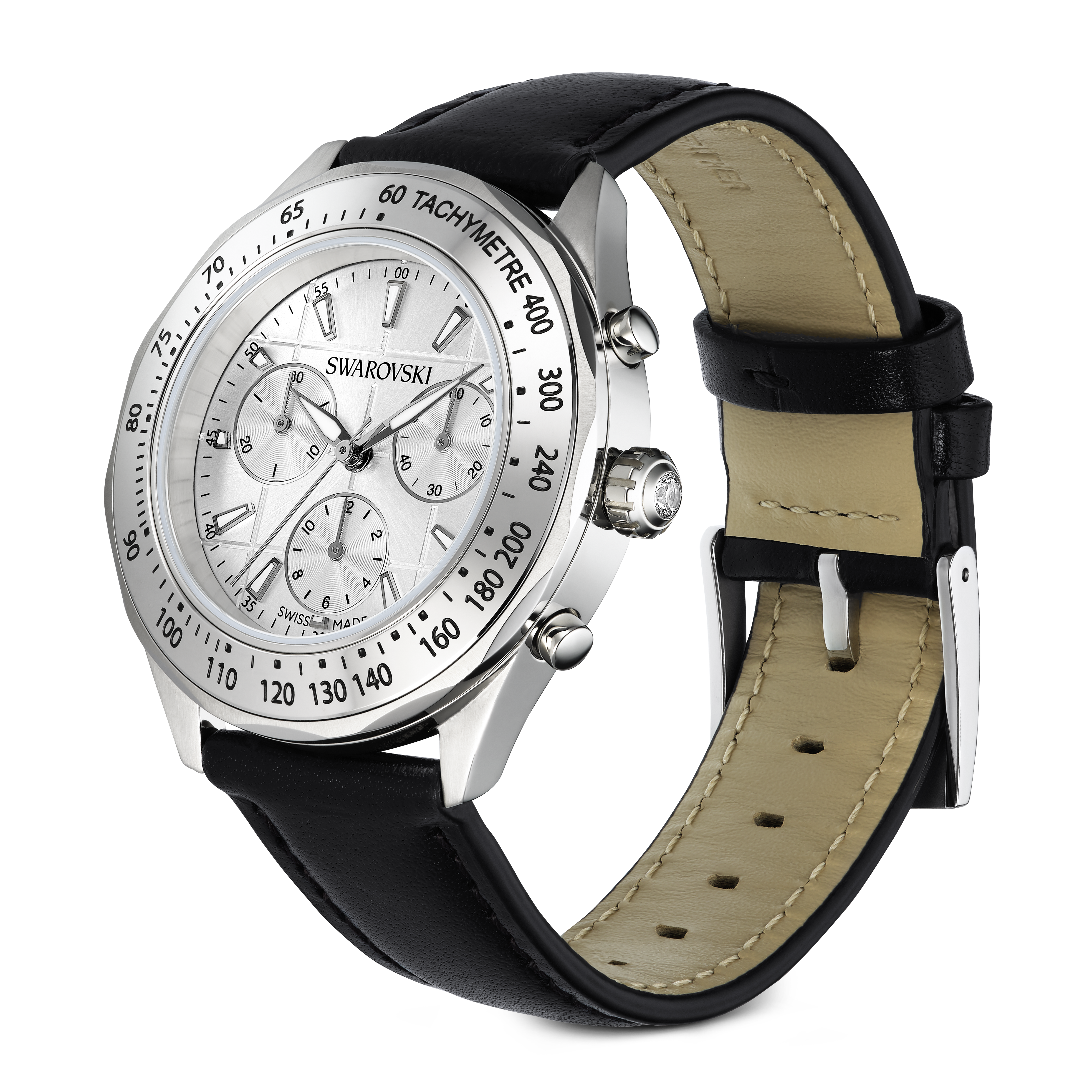 Swarovski Dextera tachymetre watch, Swiss Made, Leather strap, Silver tone, Stainless steel 5728378