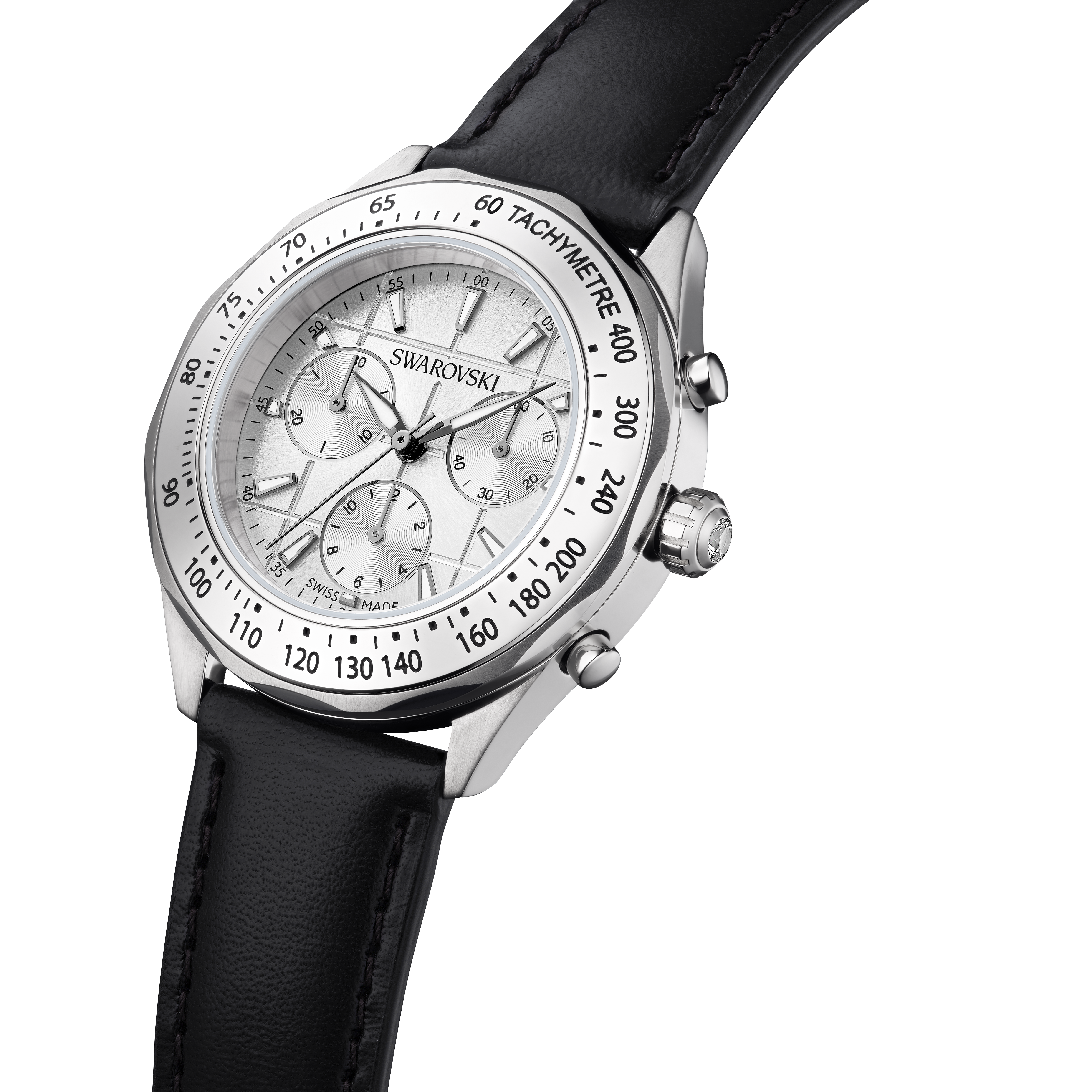 Swarovski Dextera tachymetre watch, Swiss Made, Leather strap, Silver tone, Stainless steel 5728378