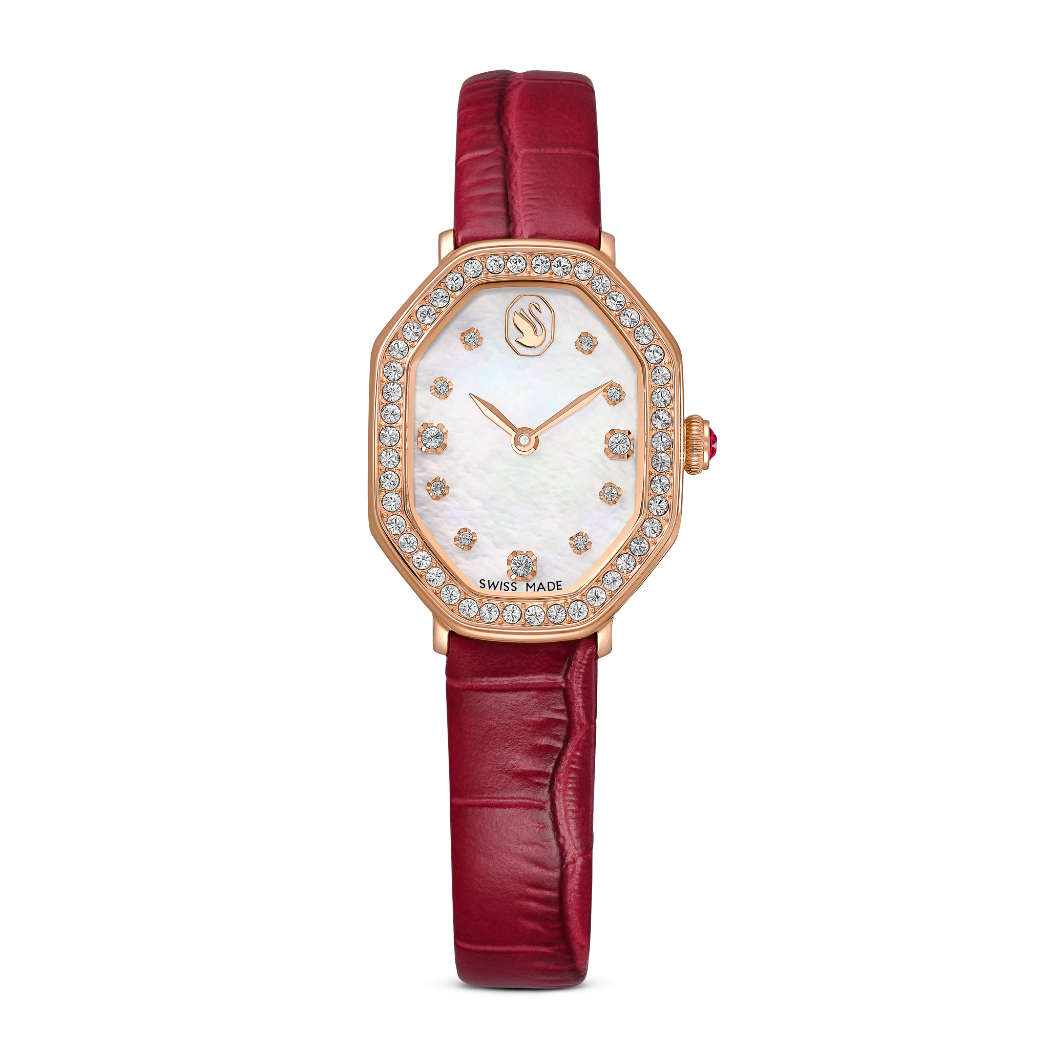 Swarovski Dextera octagon watch, Swiss Made, Leather strap, Red