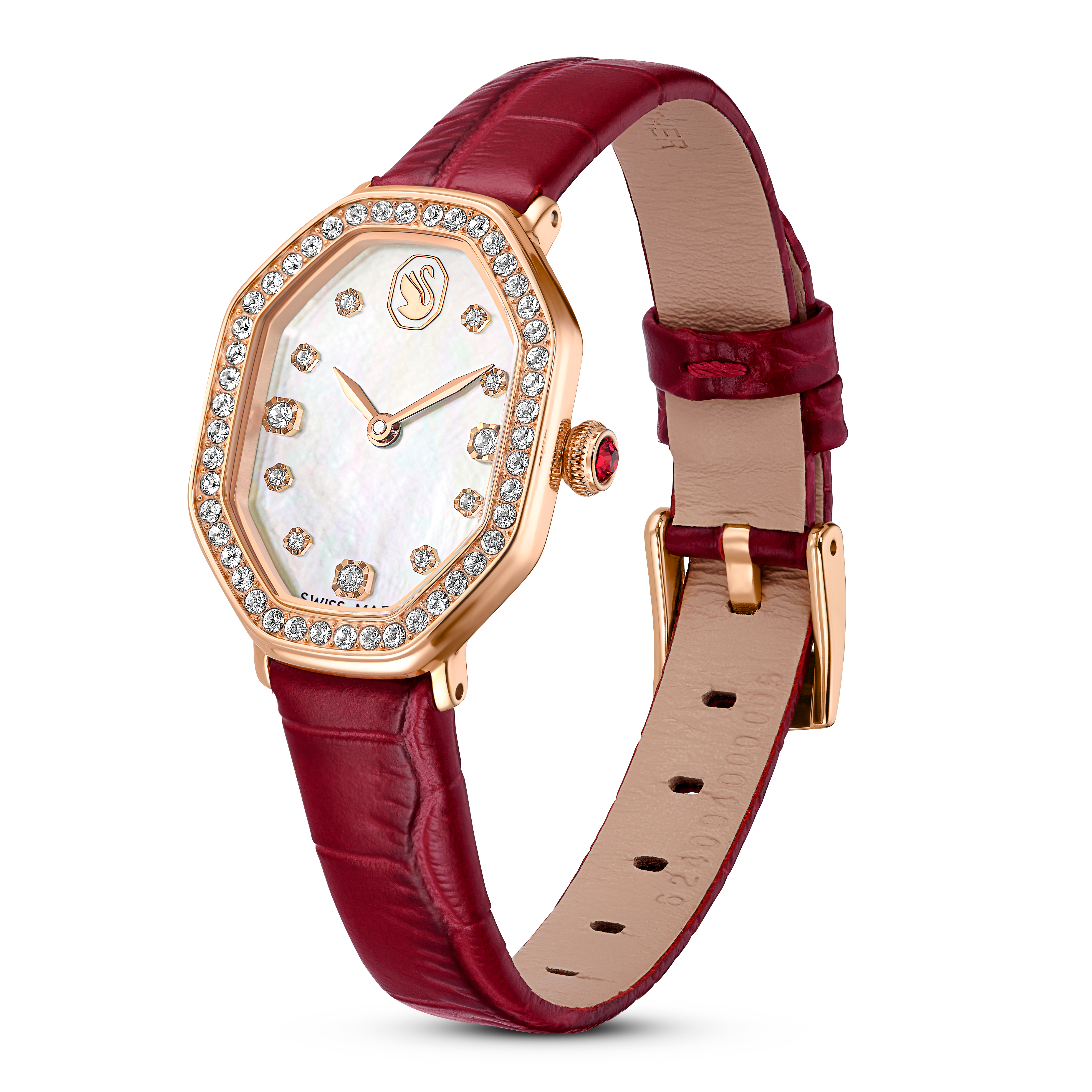 Swarovski Dextera octagon watch, Swiss Made, Leather strap, Red, Rose gold-tone finish 5730373
