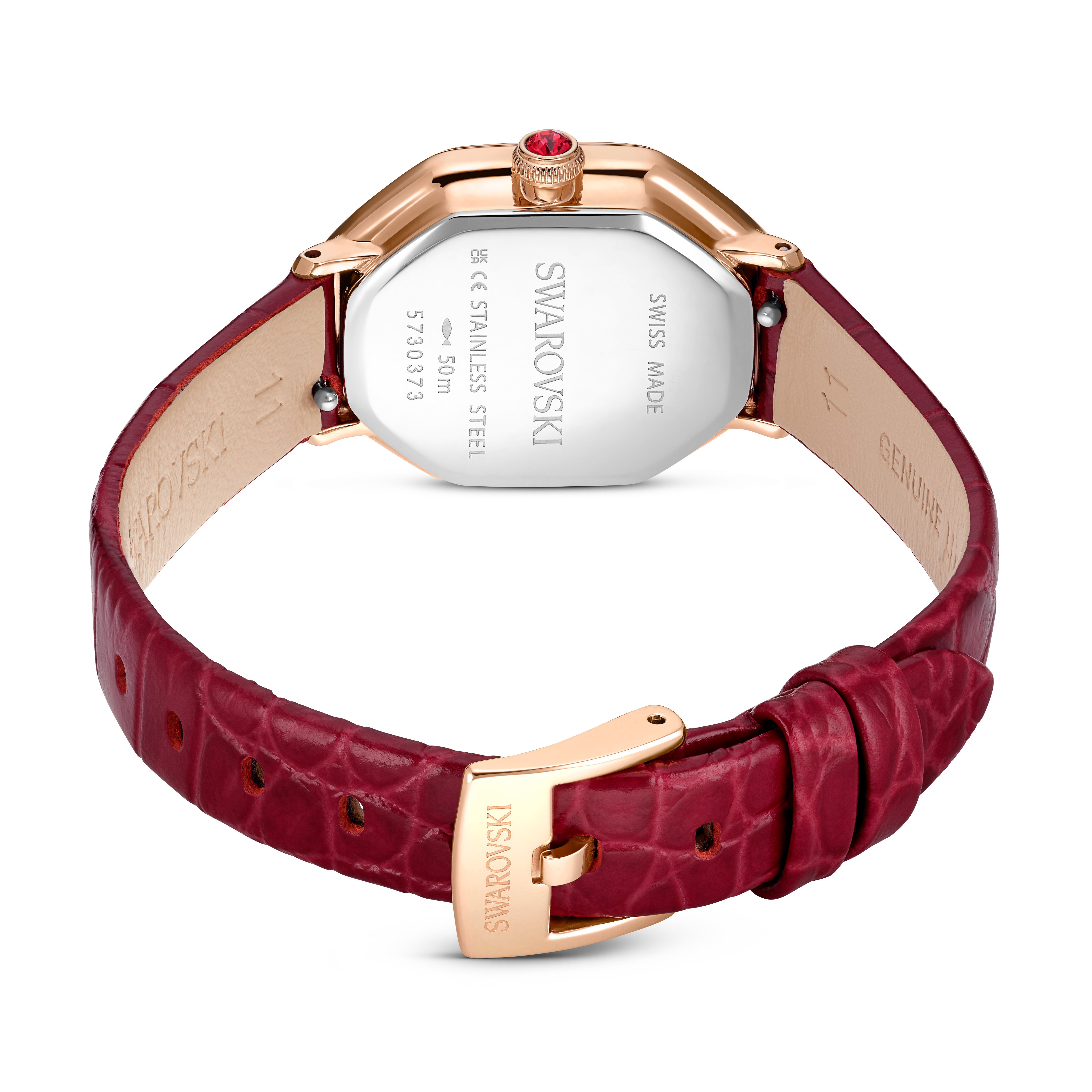 Swarovski Dextera octagon watch, Swiss Made, Leather strap, Red, Rose gold-tone finish 5730373
