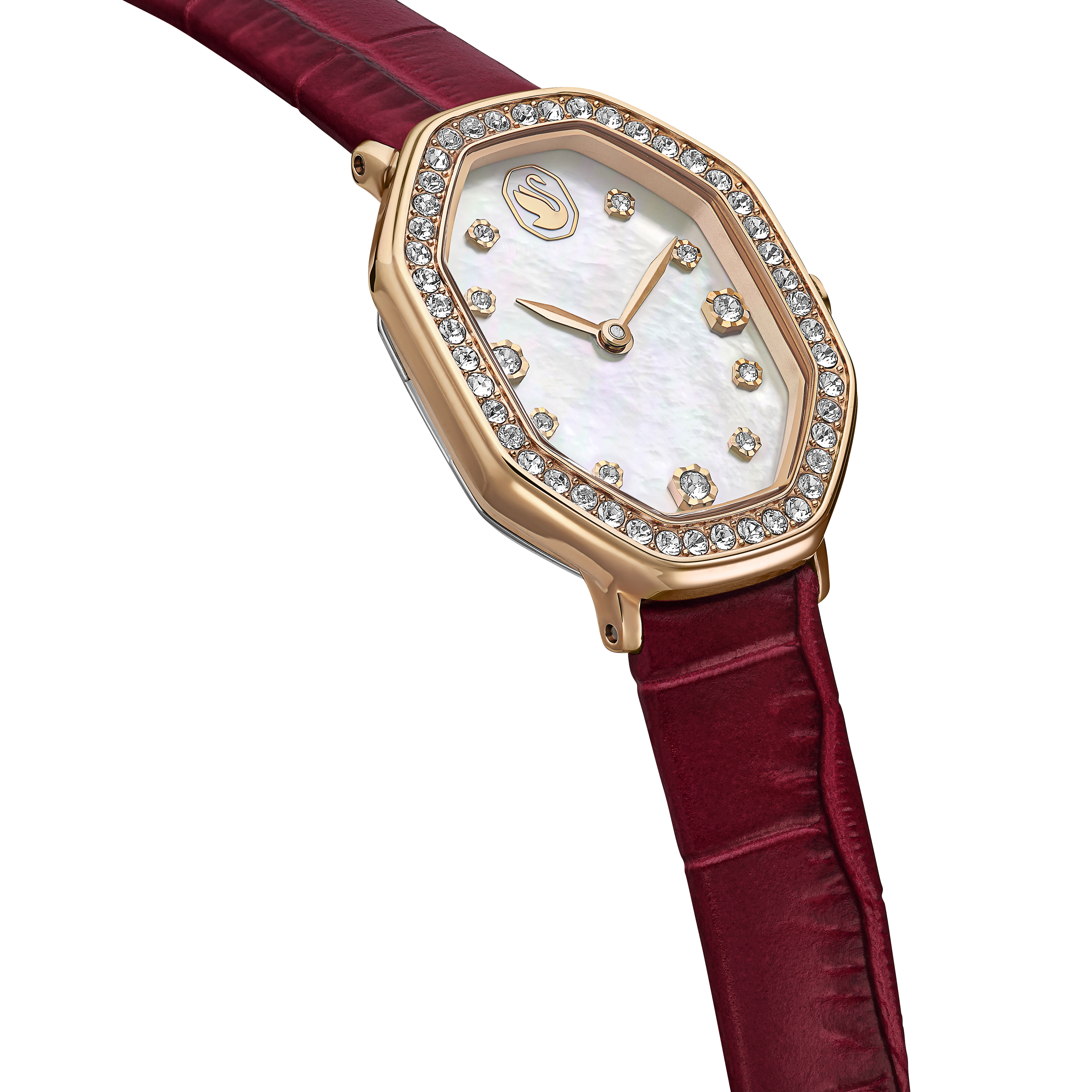 Swarovski Dextera octagon watch, Swiss Made, Leather strap, Red, Rose gold-tone finish 5730373