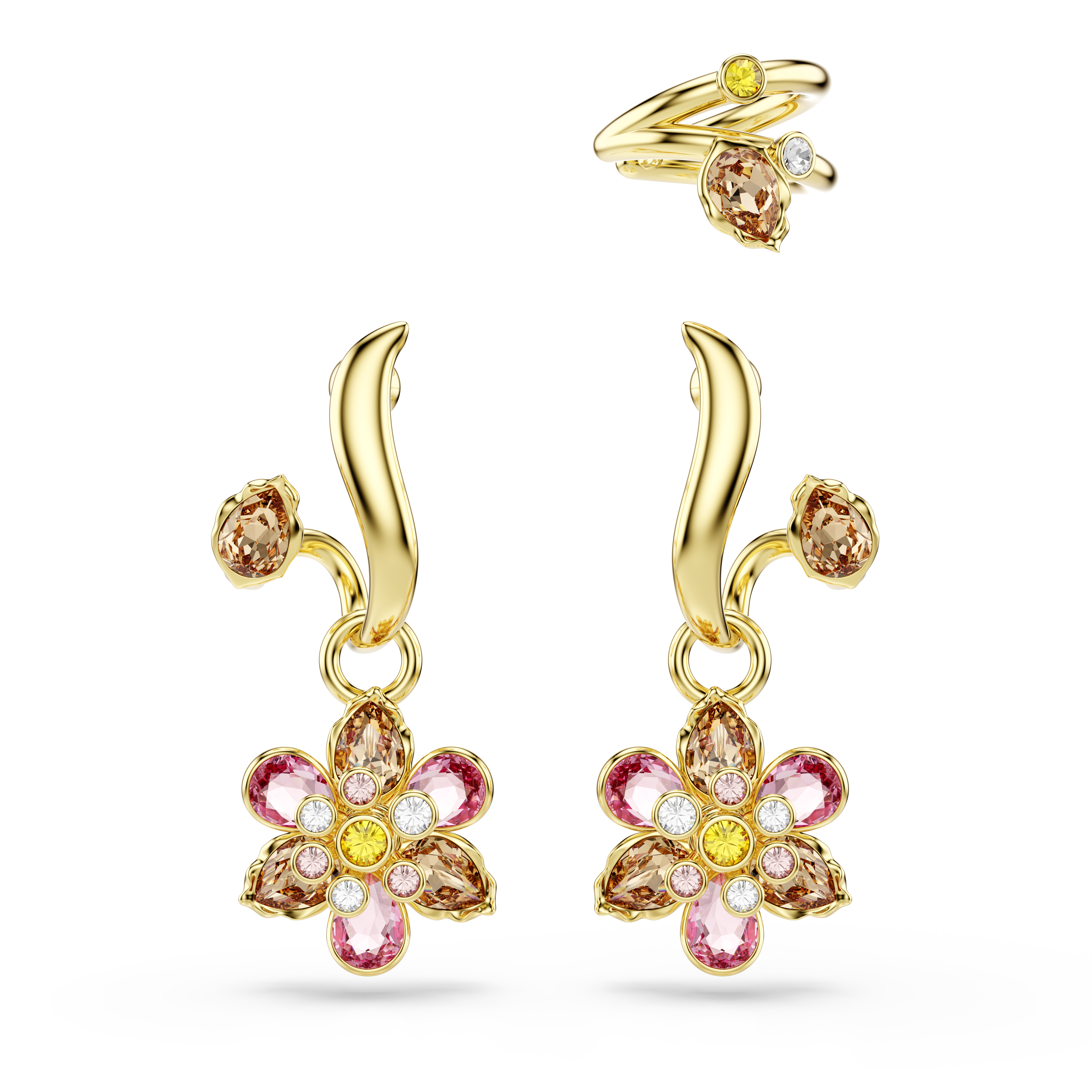 Swarovski Idyllia earrings, Set (3), Mixed cuts, Flower, Multicolored, Gold-tone plated 5732386