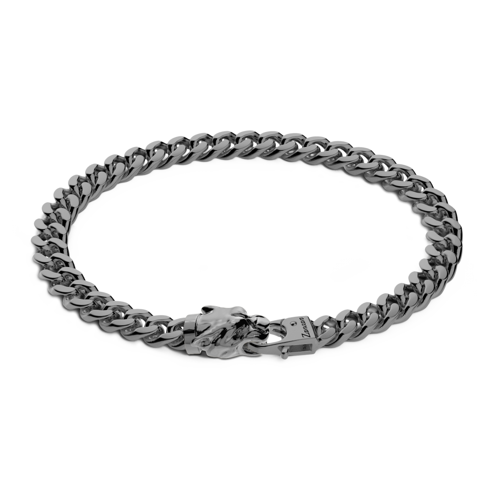 Black Silver Curb Chain Bracelet with Panther Head Closure
