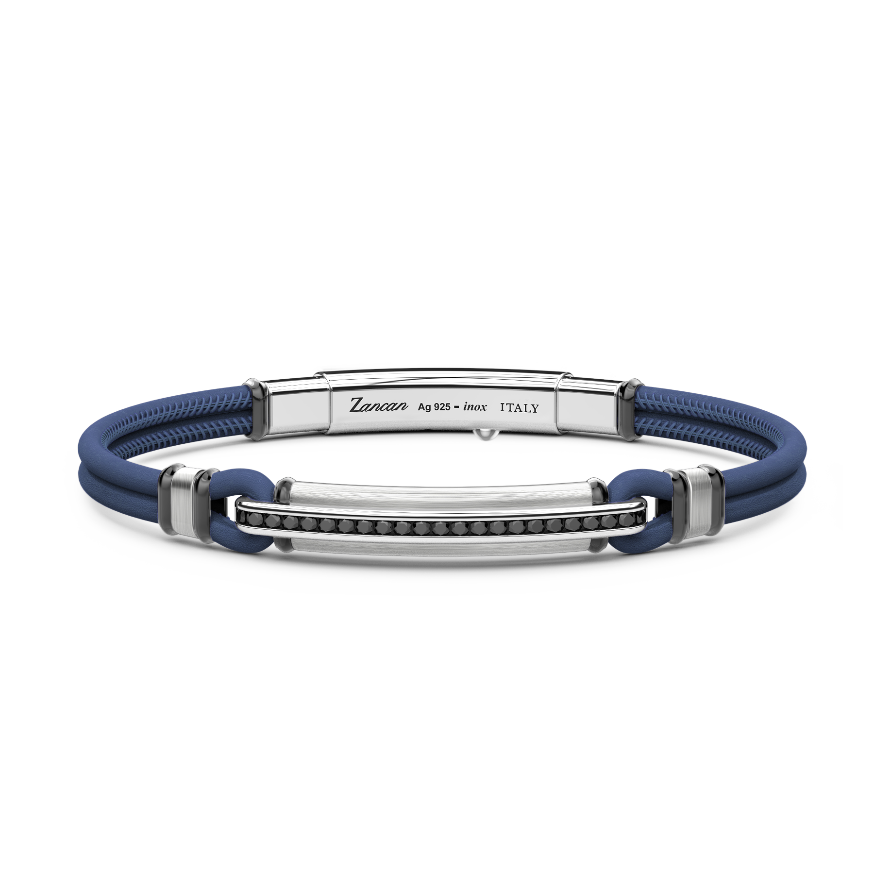 Blue Leather Bracelet with Silver Tag and Black Stones