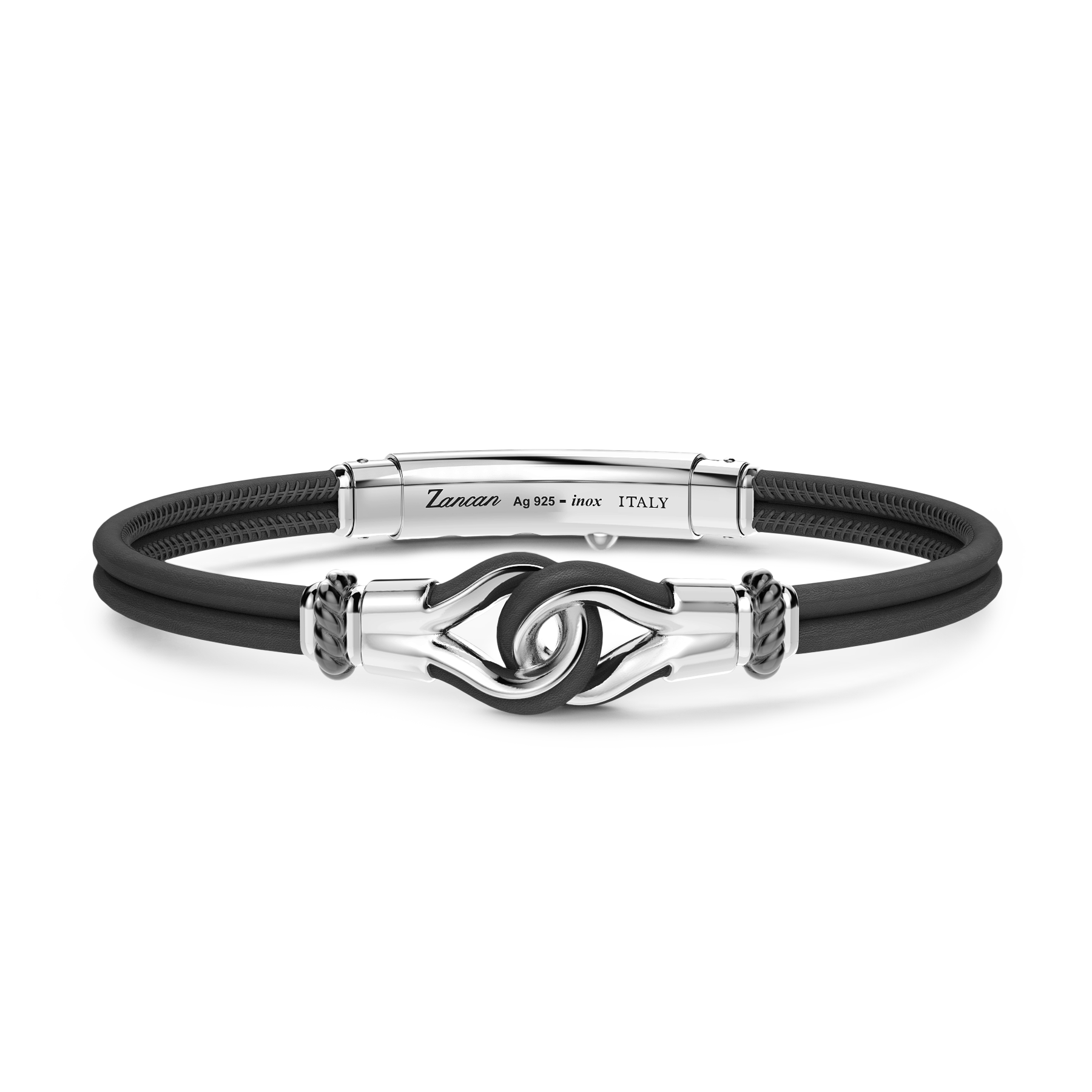 Black Leather Bracelet with Silver Knot