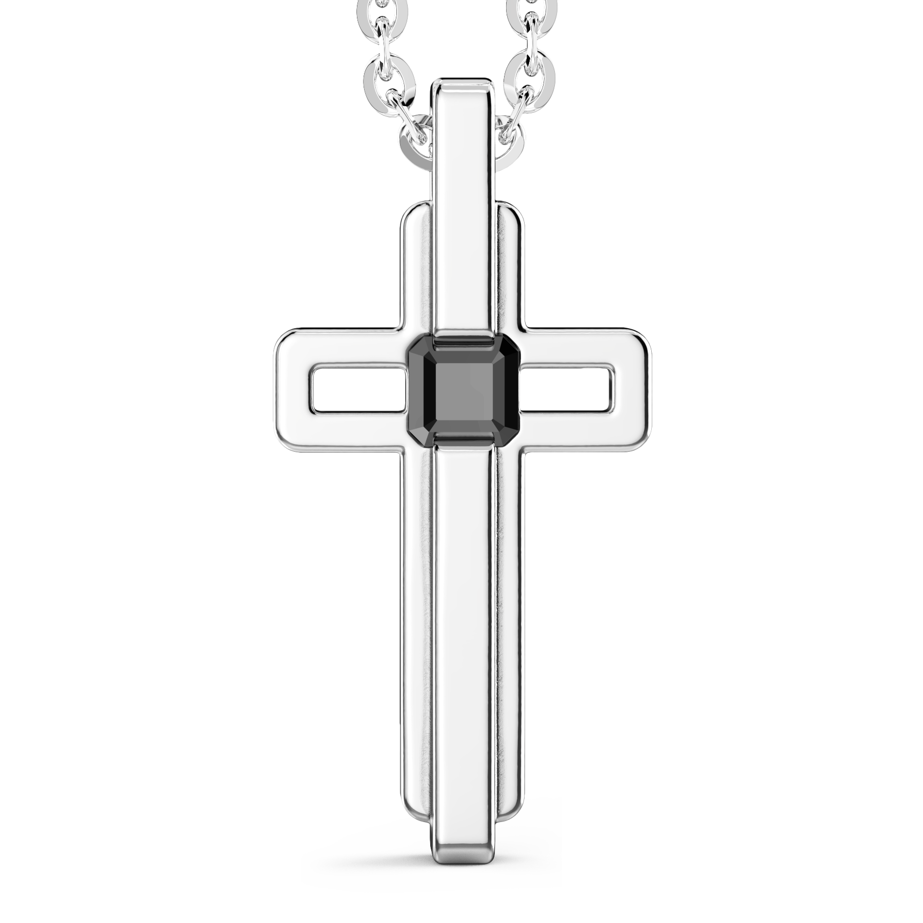 Steel Necklace with Cross and Black Stone