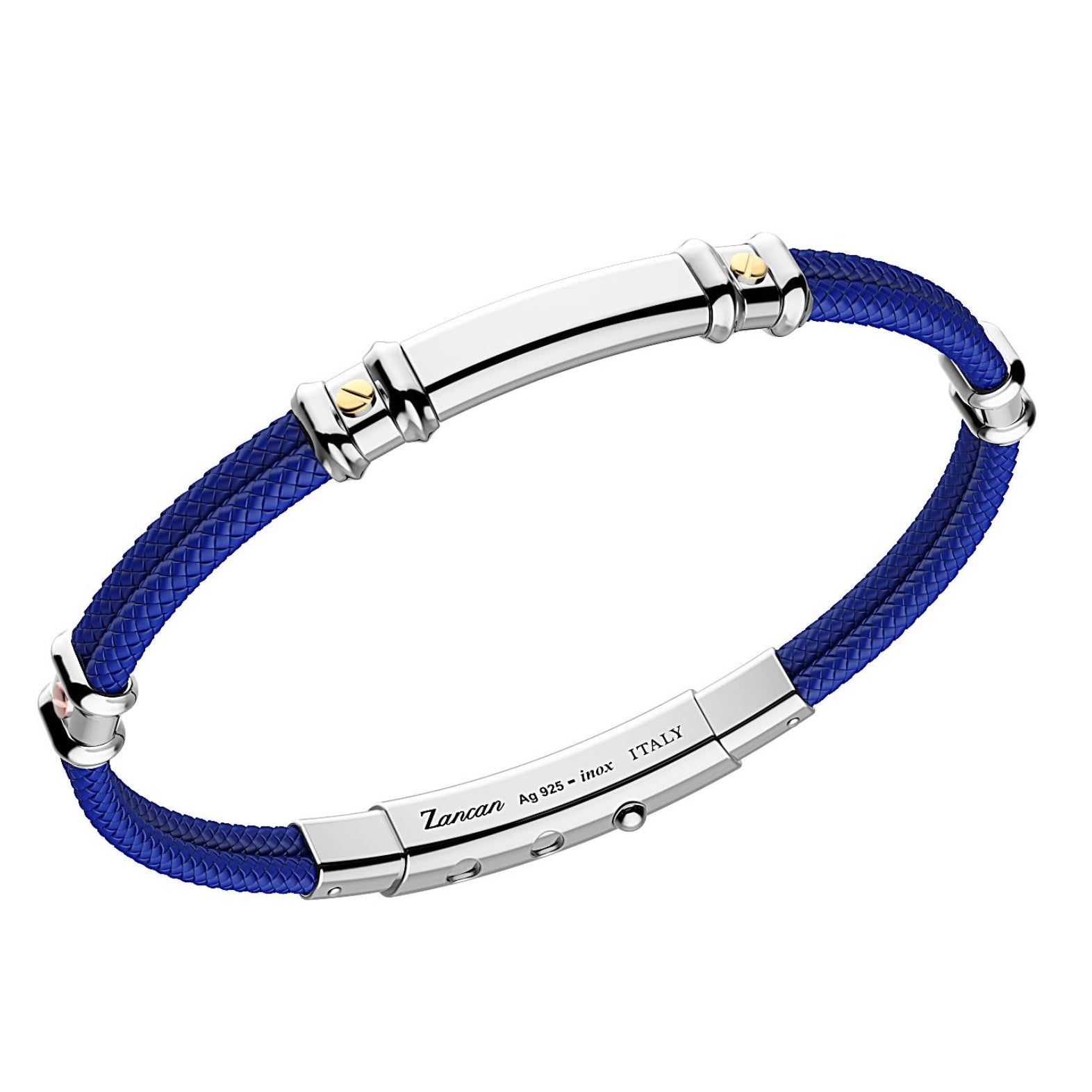 Blue Kevlar Bracelet with Silver Tag and Yellow Gold Details