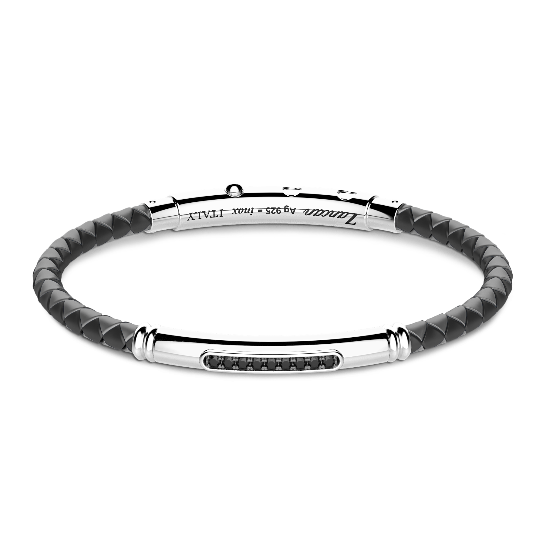 Black Silicone Bracelet with Silver Tag & Black Stones