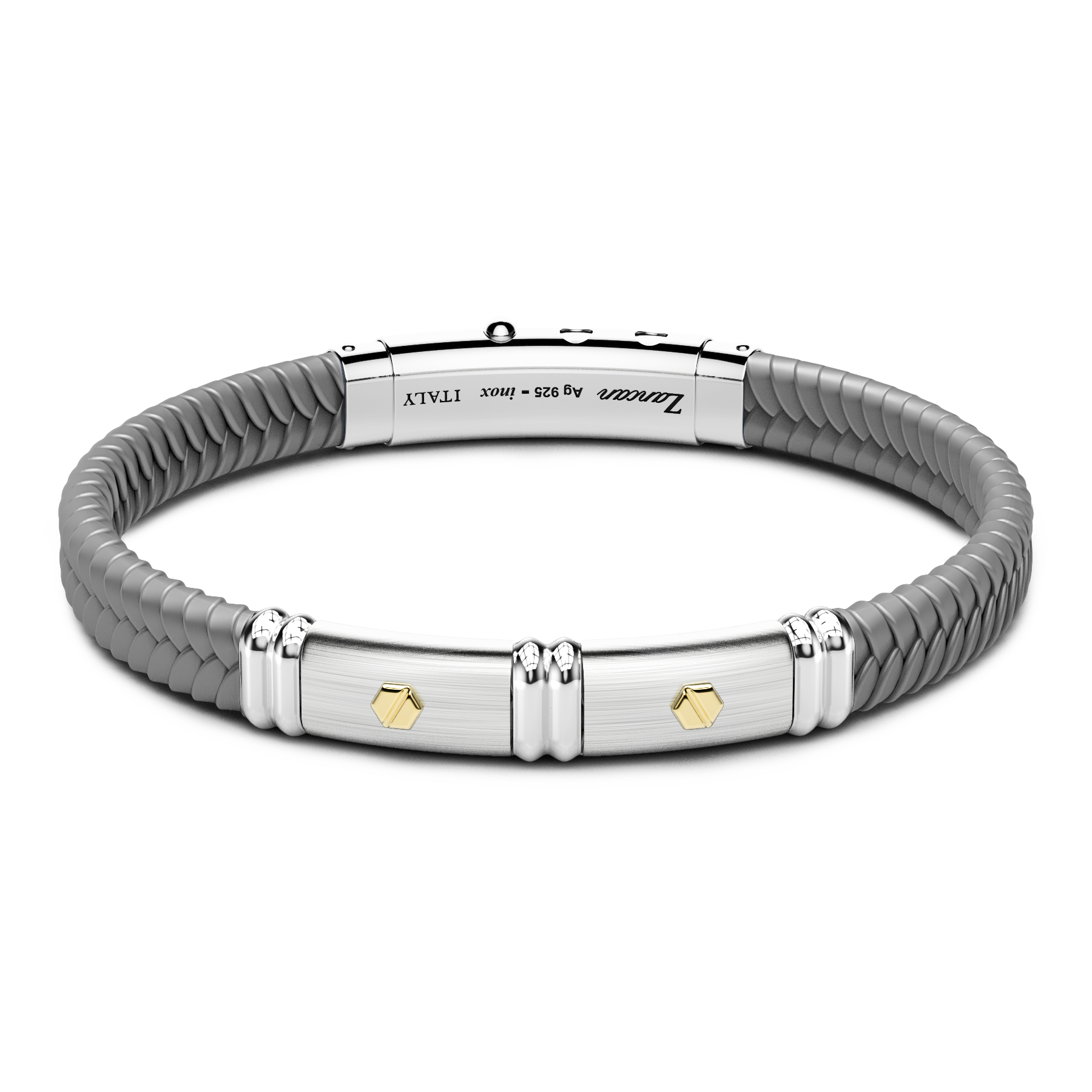 Gray Silicone Bracelet with Silver Tag & Yellow Gold Details