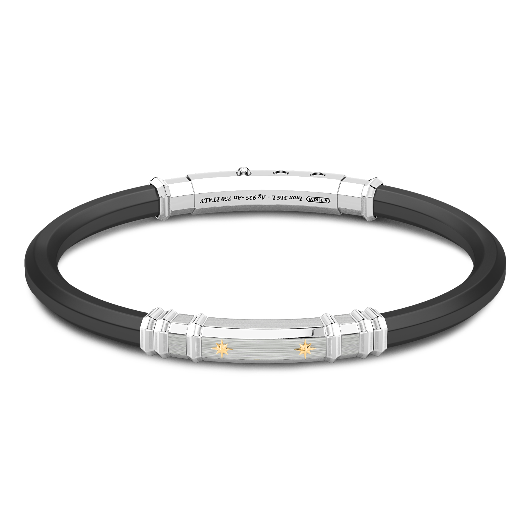 Black Silicone Bracelet with Silver Tag & Yellow Gold Details