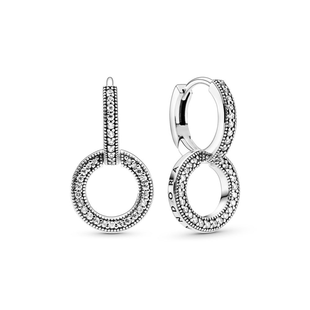 Pandora Pandora logo and circles sterling silver hoop earrings with clear cubic zirconia 299052C01