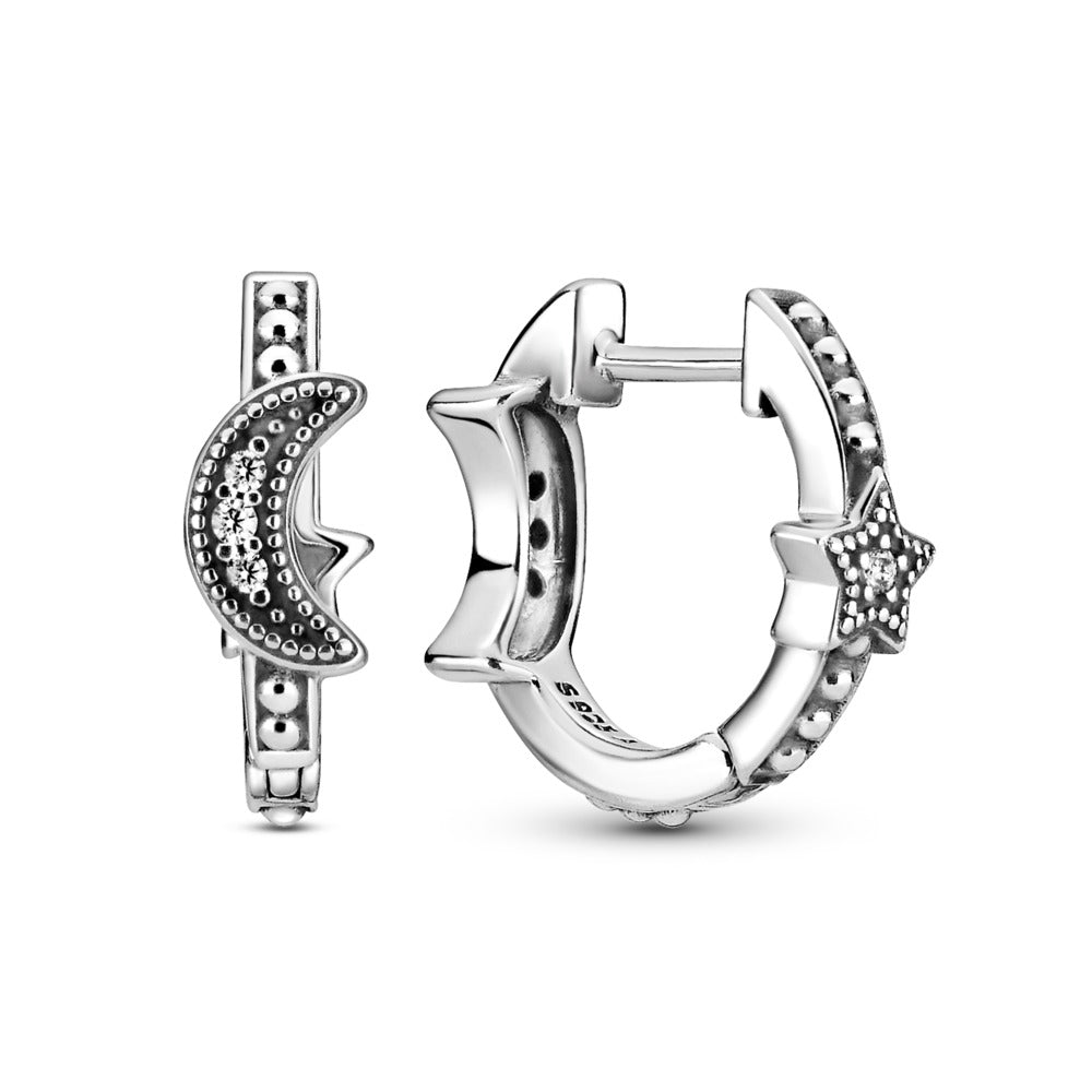 Pandora Crescent moon and star sterling silver hoop earrings with clear cubic zirconia 299152C01