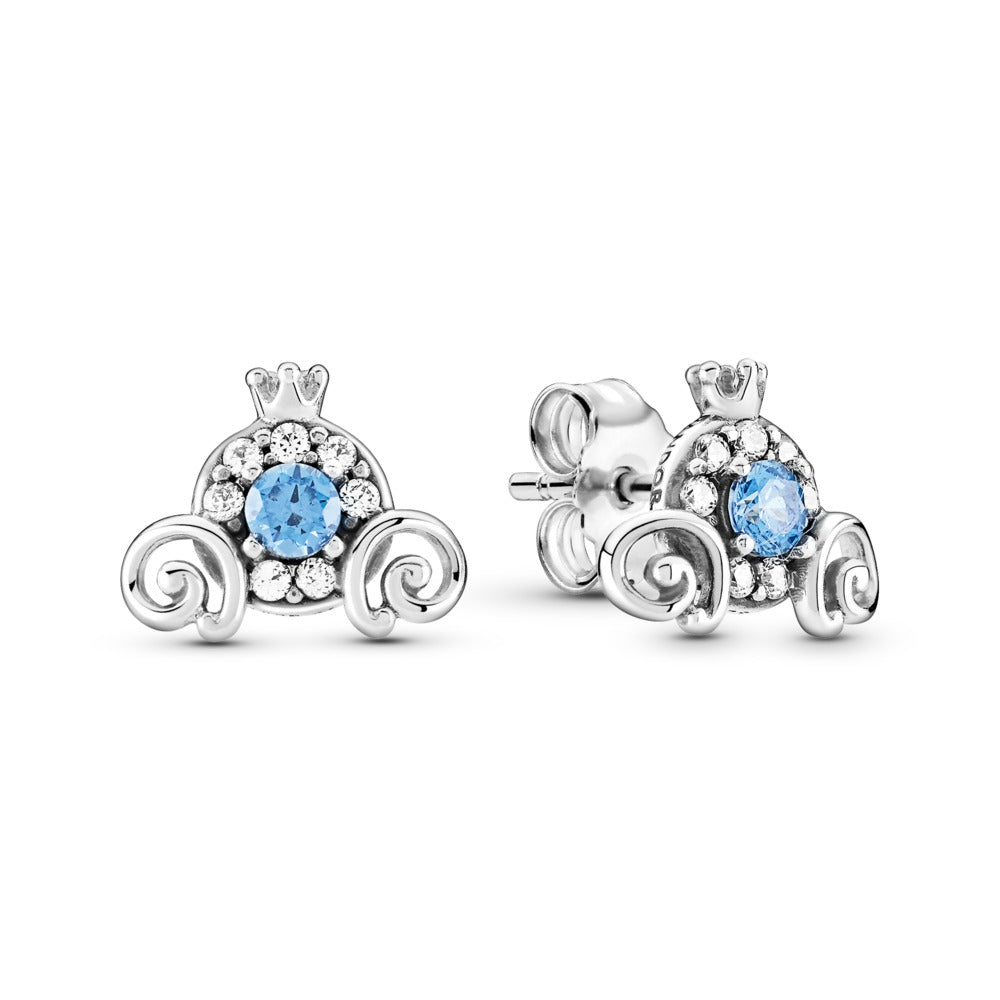Pandora, Disney Cinderella pumpkin coach sterling silver stud earrings with clear and fancy light blue cubic zirconia 299193C01