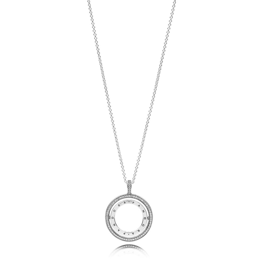 Pandora Pandora logo spinning silver pendant with clear cubic zirconia and chain 397410CZ