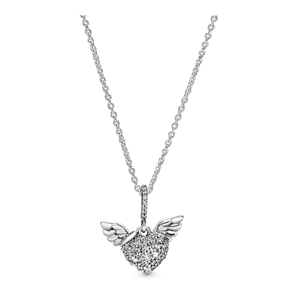 Pandora Heart and wings sterling silver pendant with clear cubic zirconia and necklace 398505C01