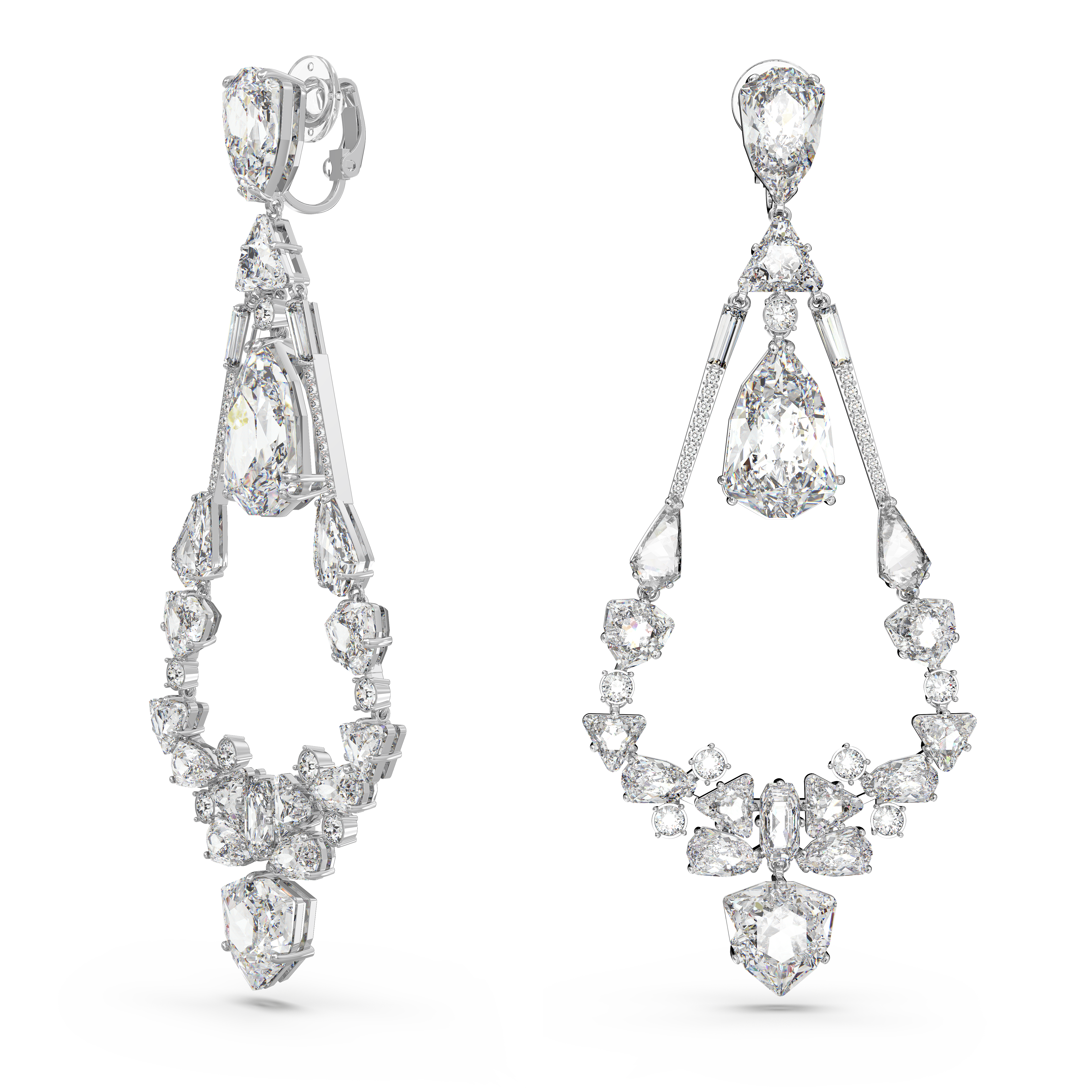 SWAROVSKI MESMERA CLIP EARRINGS, MIXED CUTS, CHANDELIER, LONG, WHITE, RHODIUM PLATED 5665827