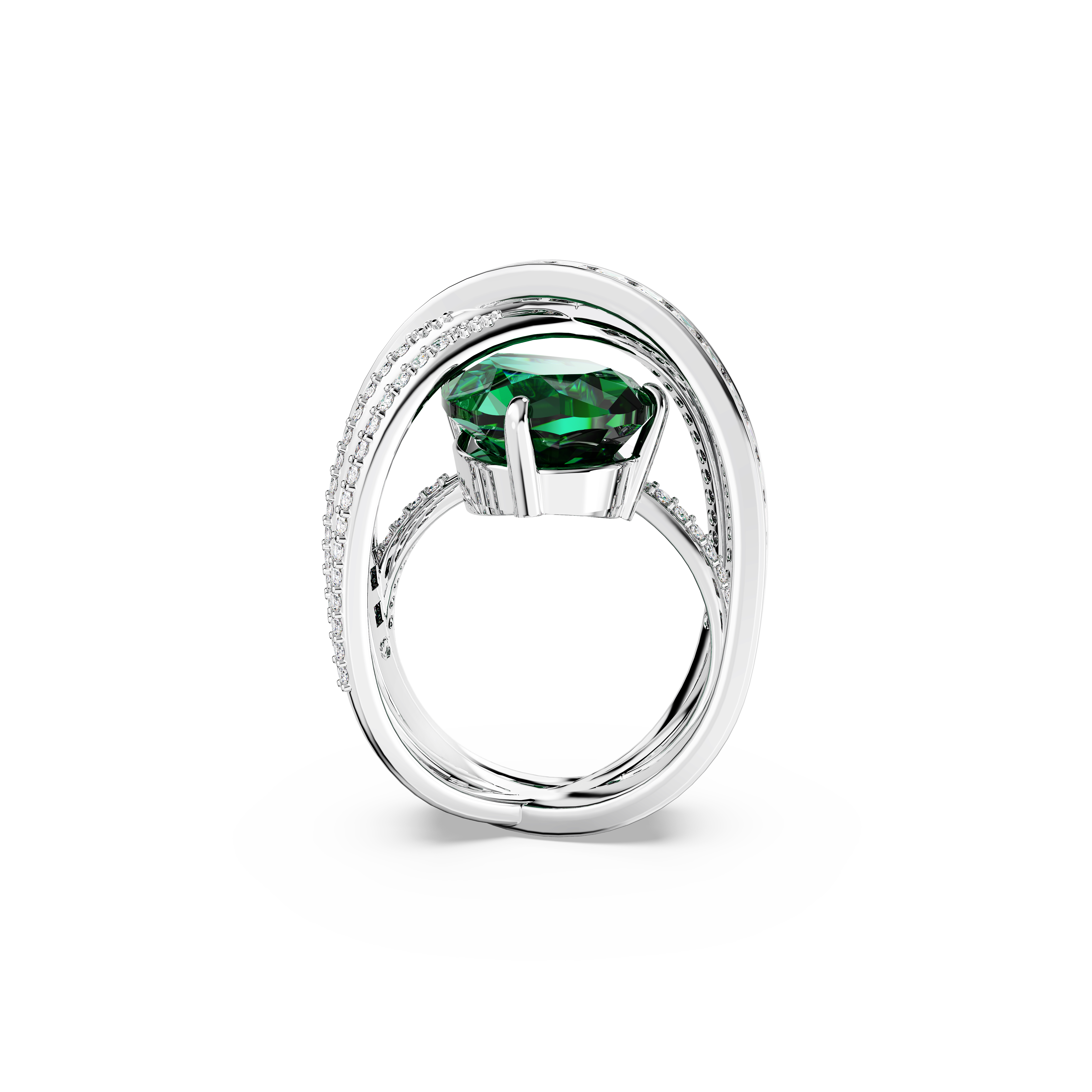 SWAROVSKI HYPERBOLA COCKTAIL RING, CARBON NEUTRAL ZIRCONIA, MIXED CUTS, FOUR BANDS, GREEN, RHODIUM PLATED