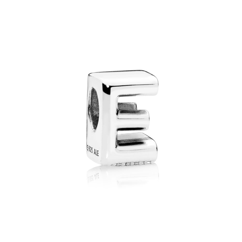 Pandora Letter E charm in sterling silver with heart pattern 797459