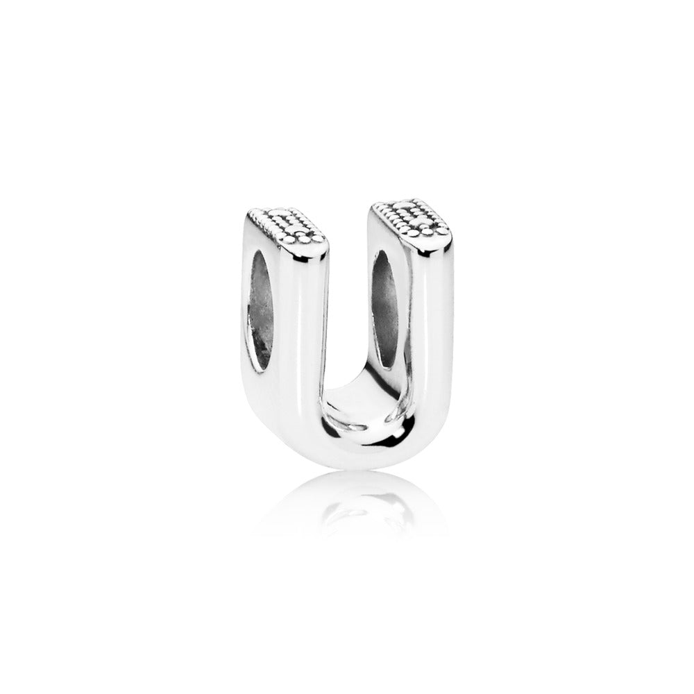 Pandora Letter U charm in sterling silver with heart pattern 797475