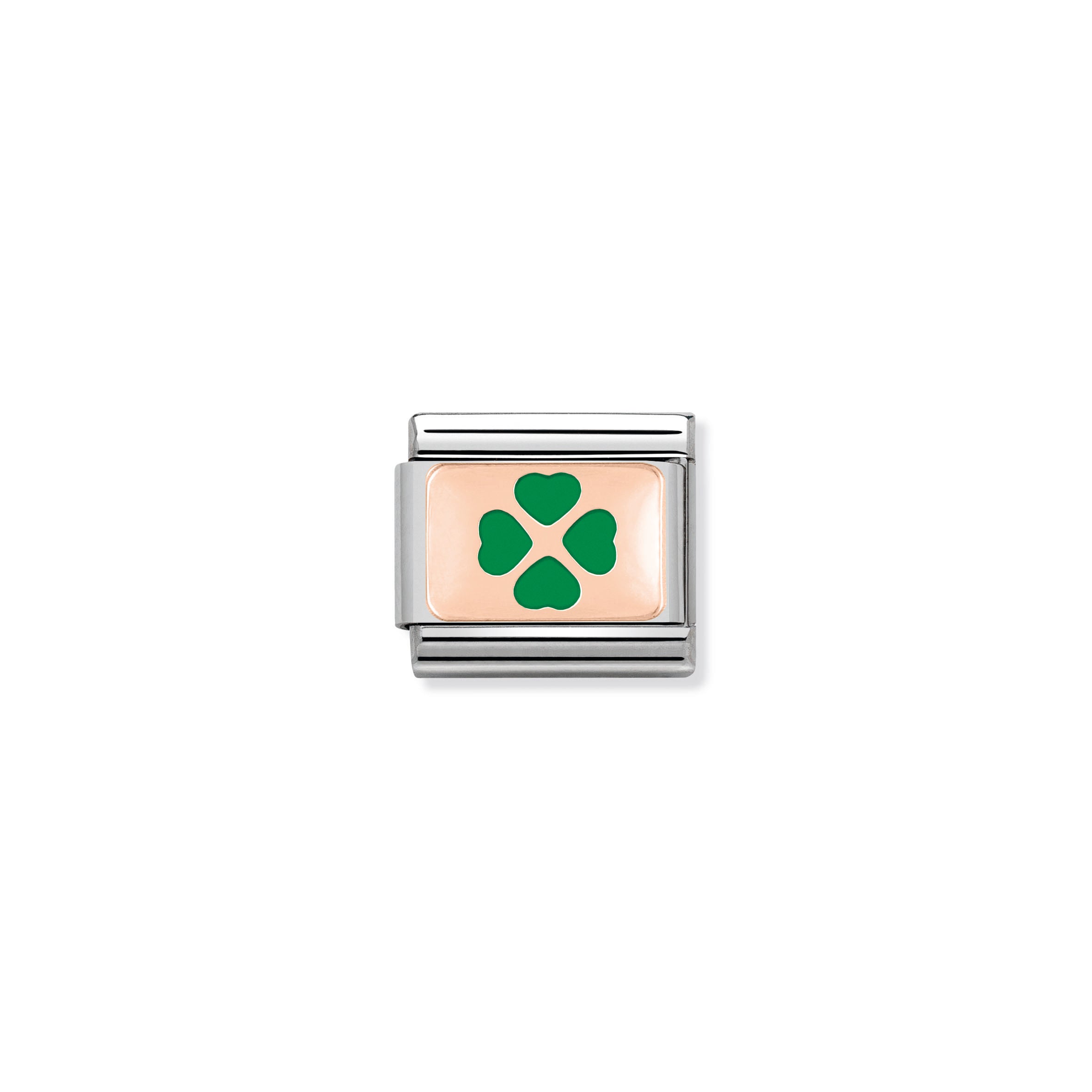 Composable Classic Plates In Stainless Steel With 9k Rose Gold And Enamel Green Four-Leaf Clover