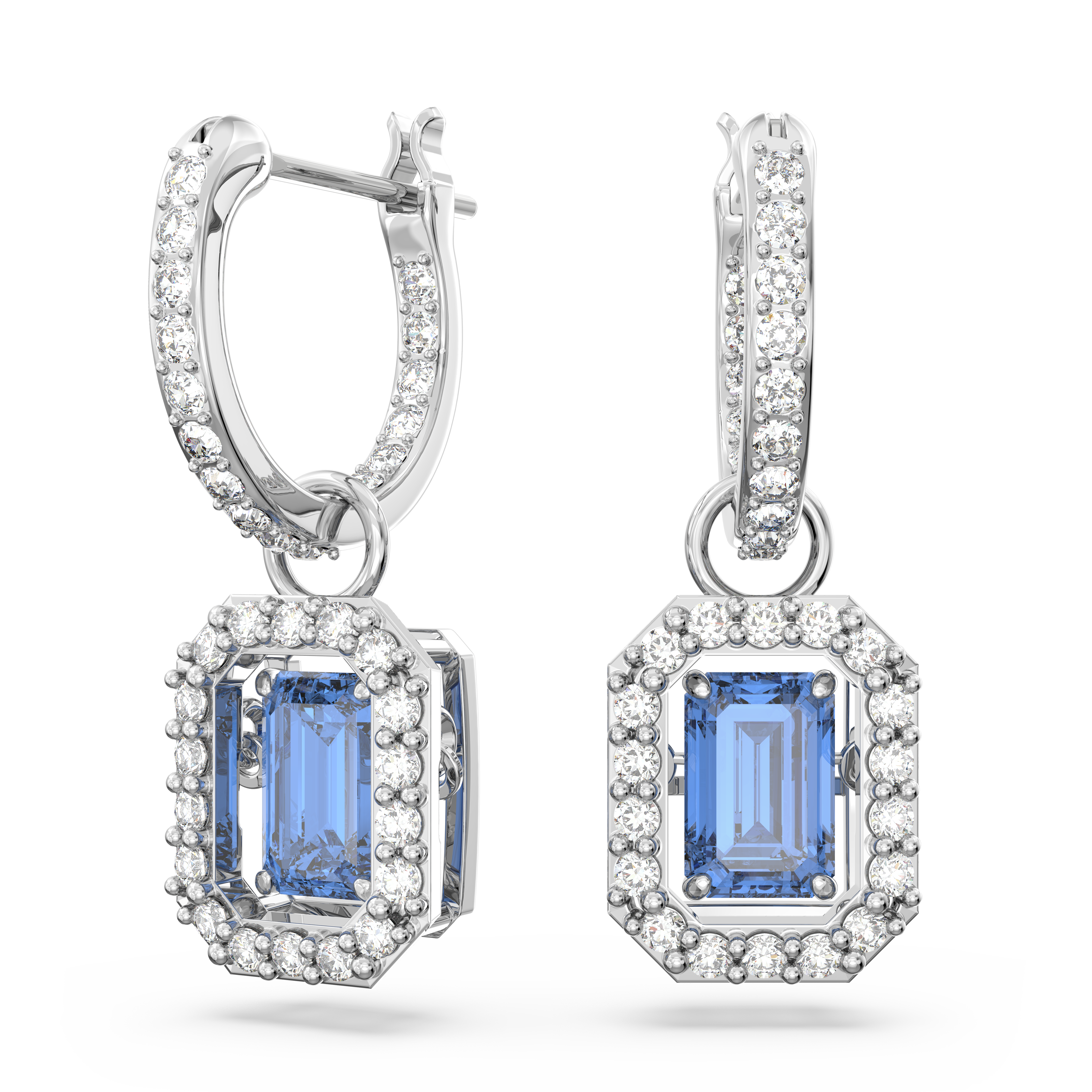 Swarovski Una drop earrings, Octagon cut, Blue, Rhodium plated 5619500