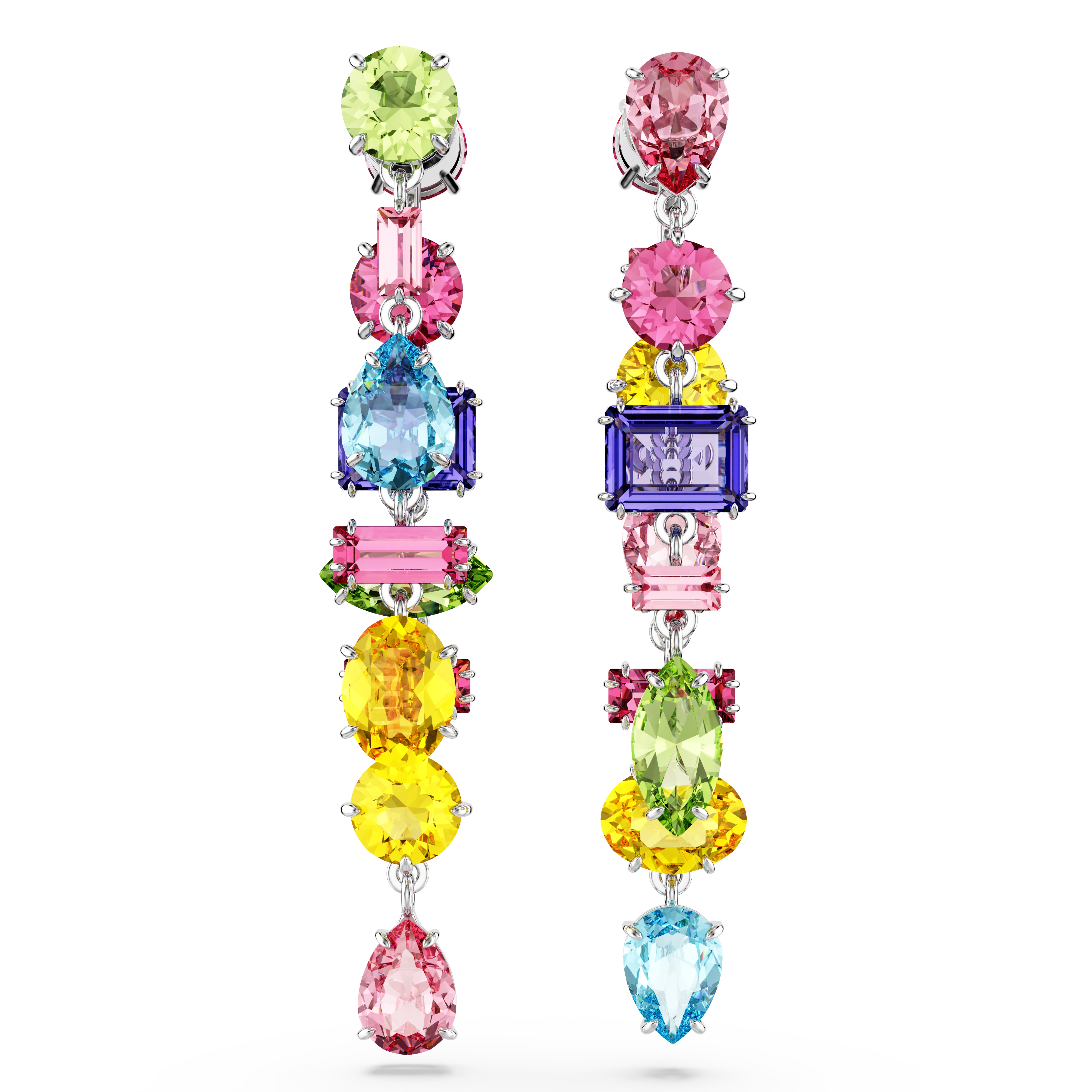 Swarovski Gema drop earrings, Asymmetrical design, Mixed cuts, Long, Multicolored, Rhodium plated 5656417