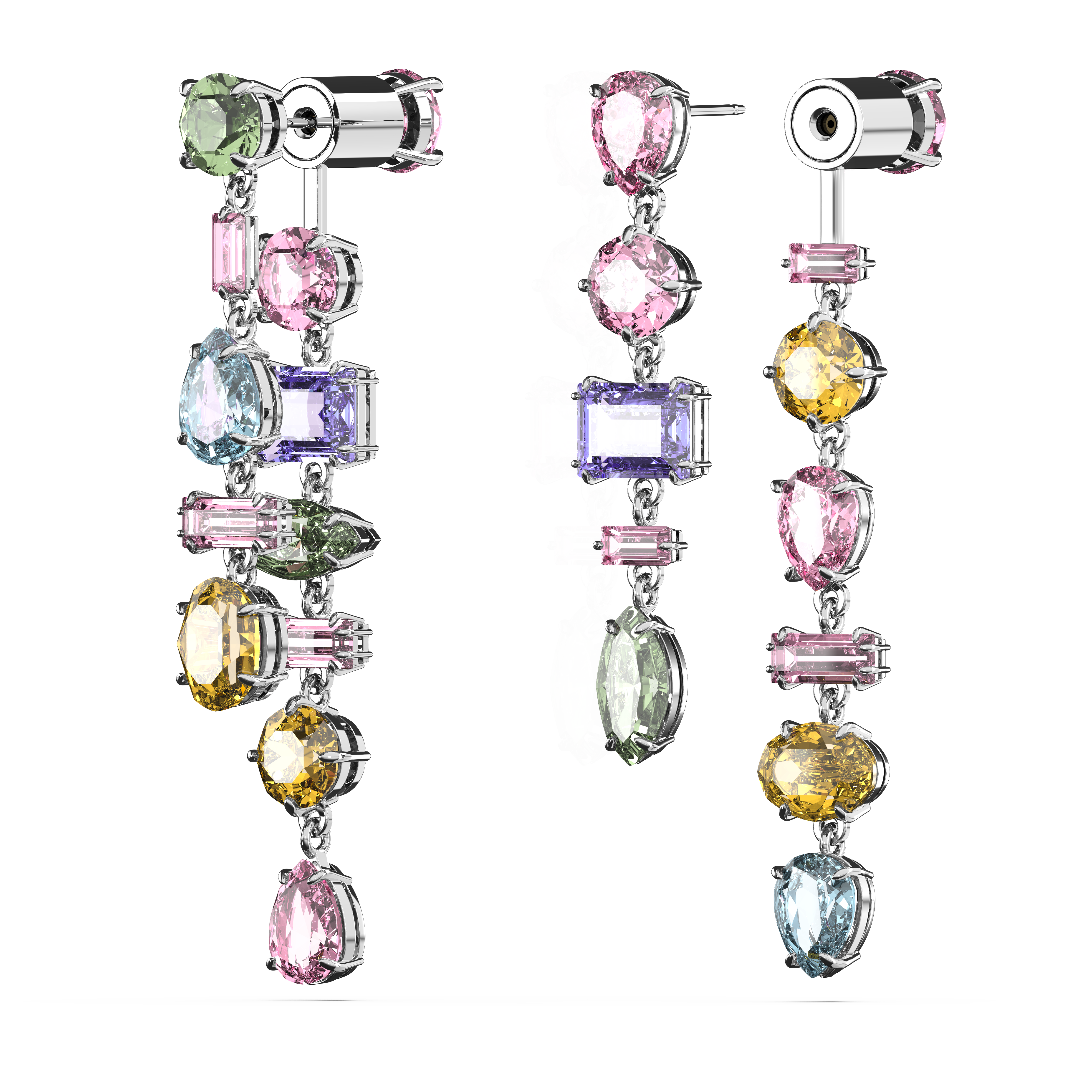 SWAROVSKI GEMA DROP EARRINGS, ASYMMETRICAL DESIGN, MIXED CUTS, LONG, MULTICOLORED, RHODIUM PLATED 5656417