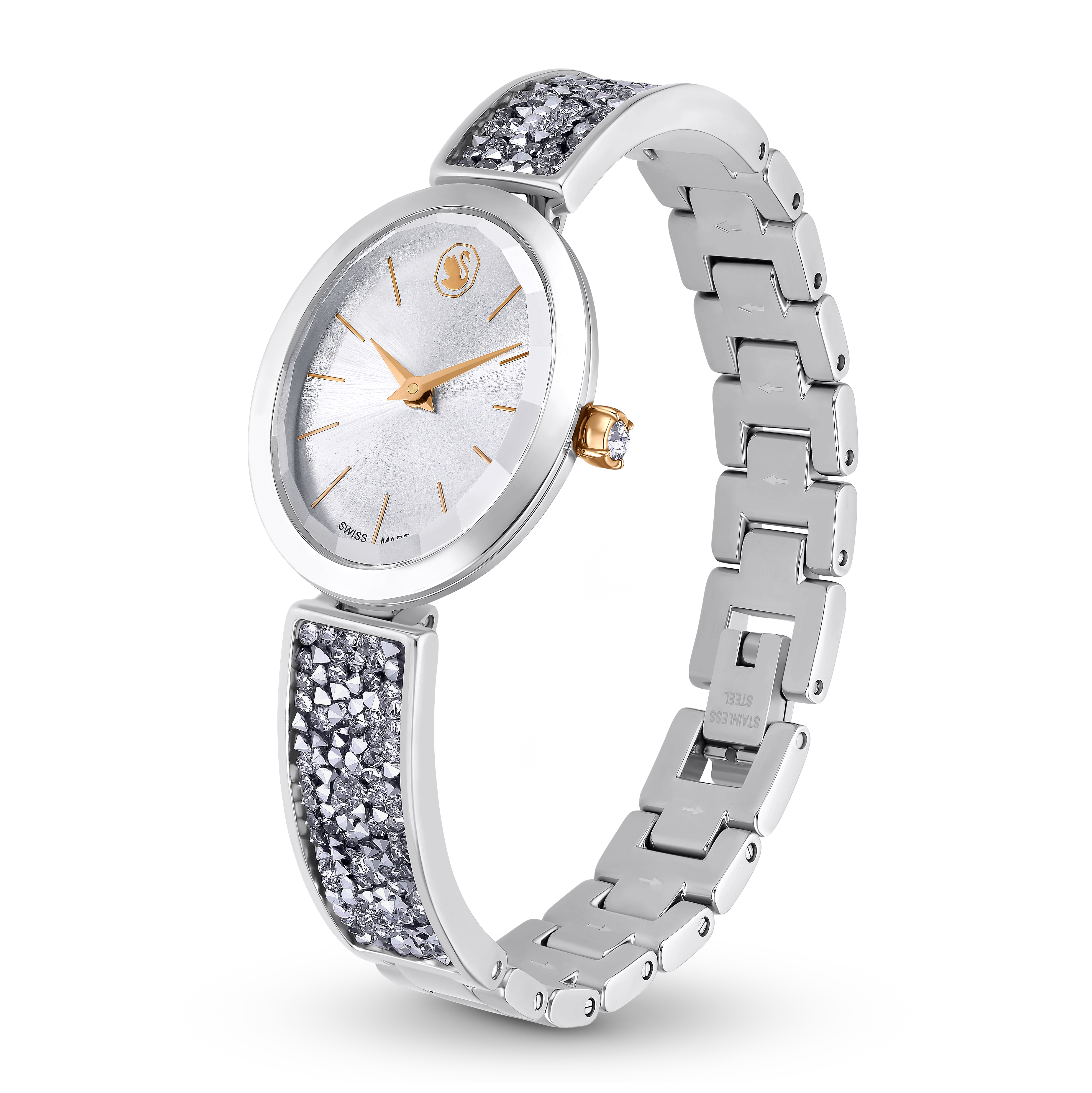 SWAROVSKI CRYSTAL ROCK OVAL WATCH, SWISS MADE, METAL BRACELET, WHITE, STAINLESS STEEL 5656878