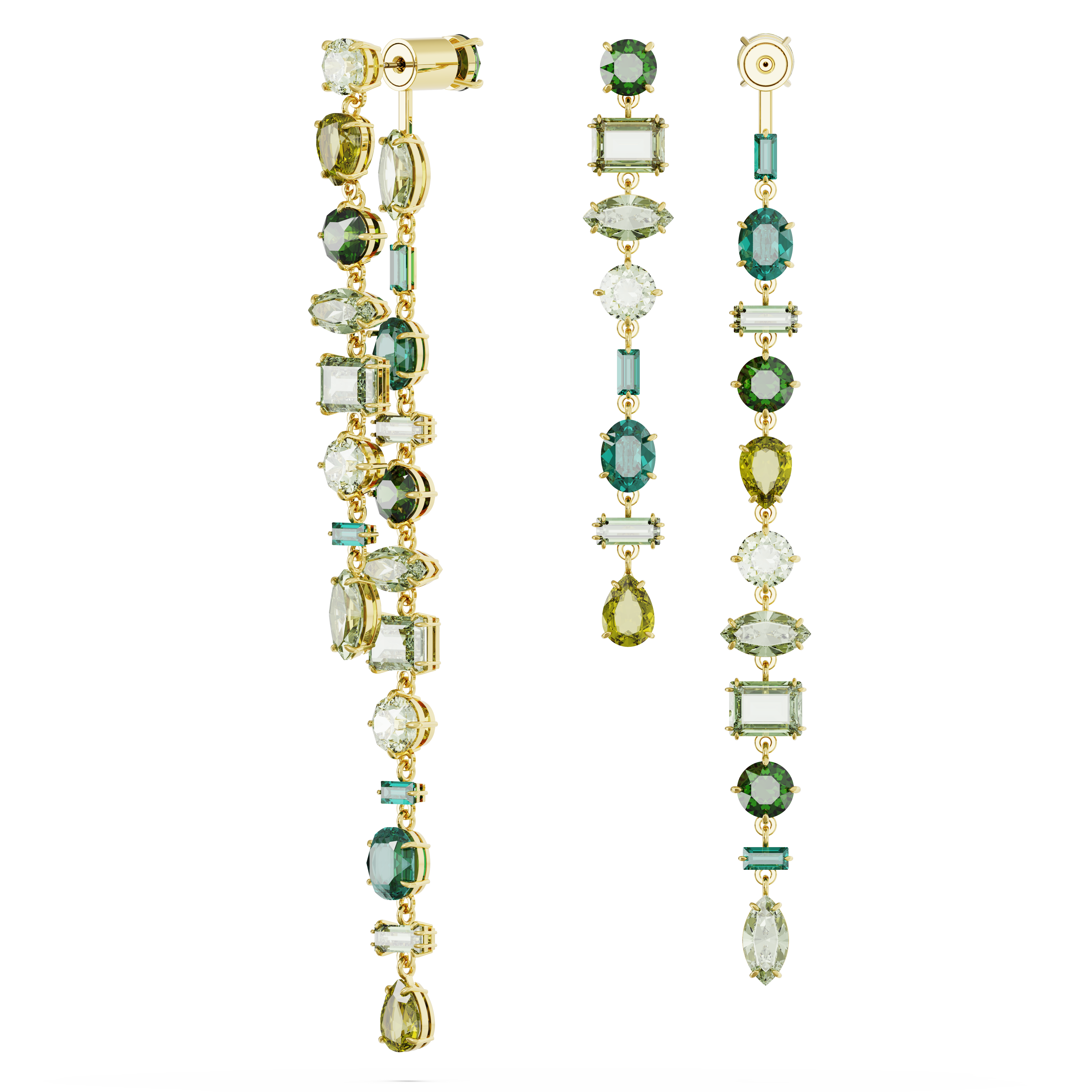 Swarovski Gema drop earrings, Asymmetrical design, Mixed cuts, Extra long, Green, Gold-tone plated 5657390