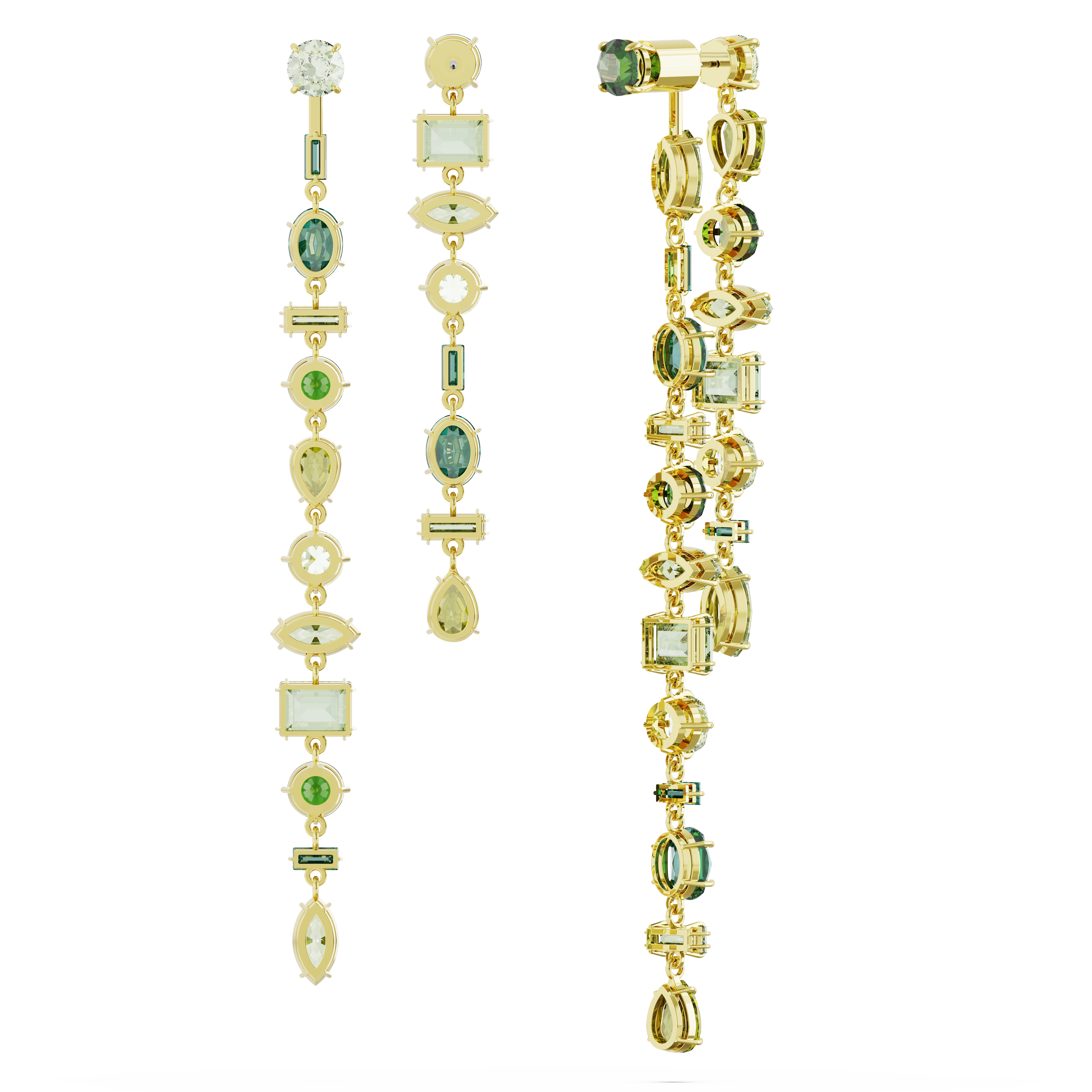 SWAROVSKI GEMA DROP EARRINGS, ASYMMETRICAL DESIGN, MIXED CUTS, EXTRA LONG, GREEN, GOLD-TONE PLATED 5657390