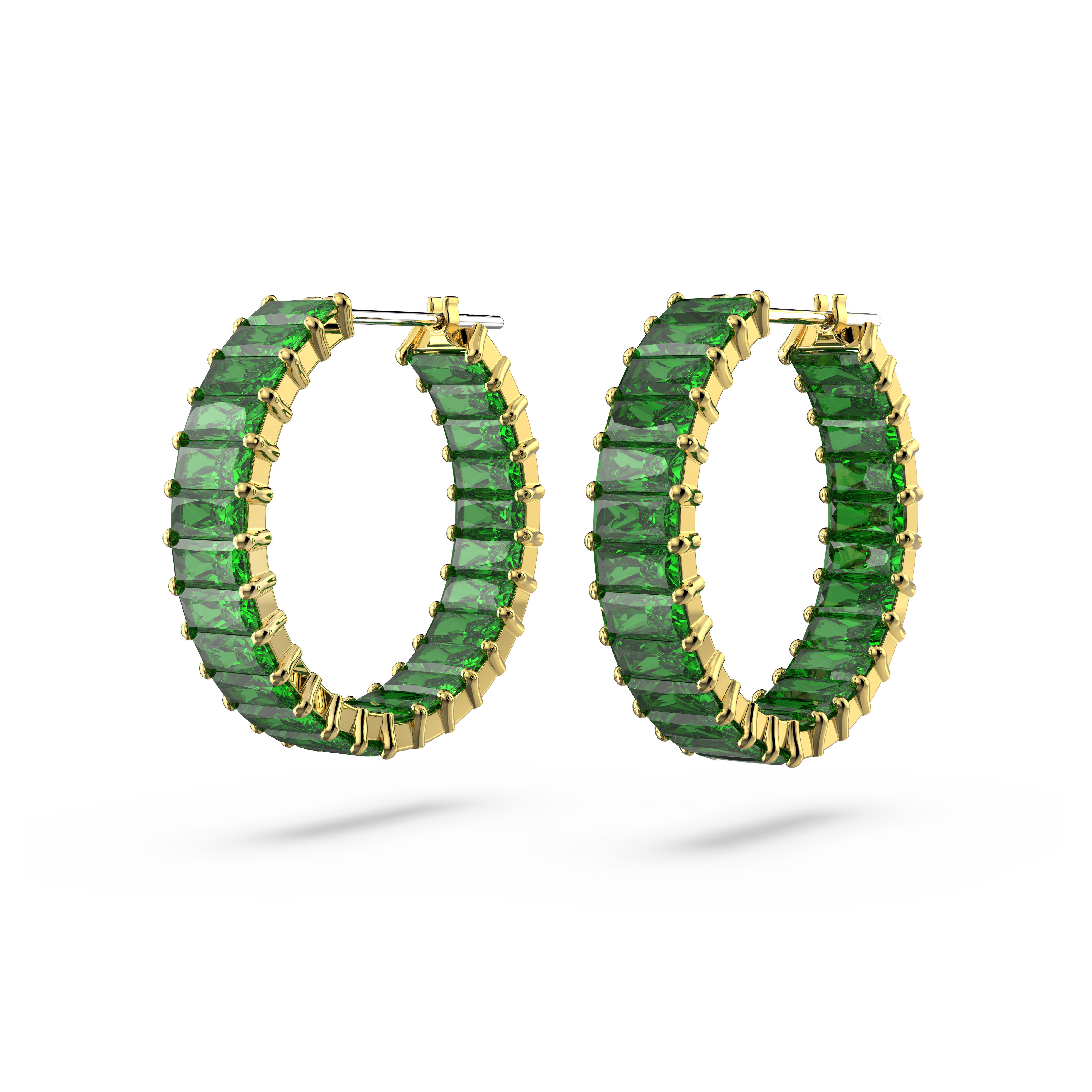Swarovski Matrix hoop earrings, Baguette cut, Green, Gold-tone plated 5658651