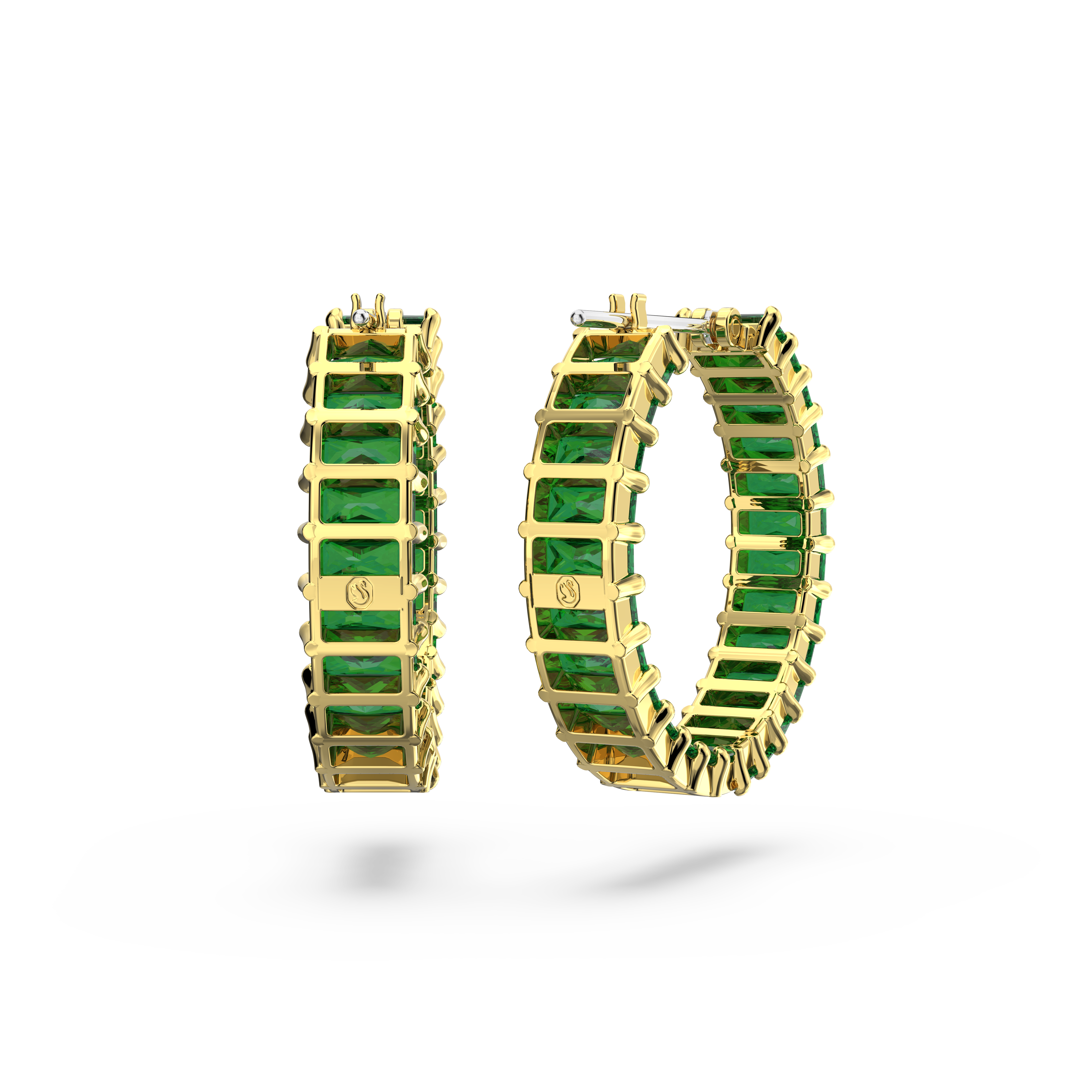 Swarovski Matrix hoop earrings, Baguette cut, Green, Gold-tone plated 5658651