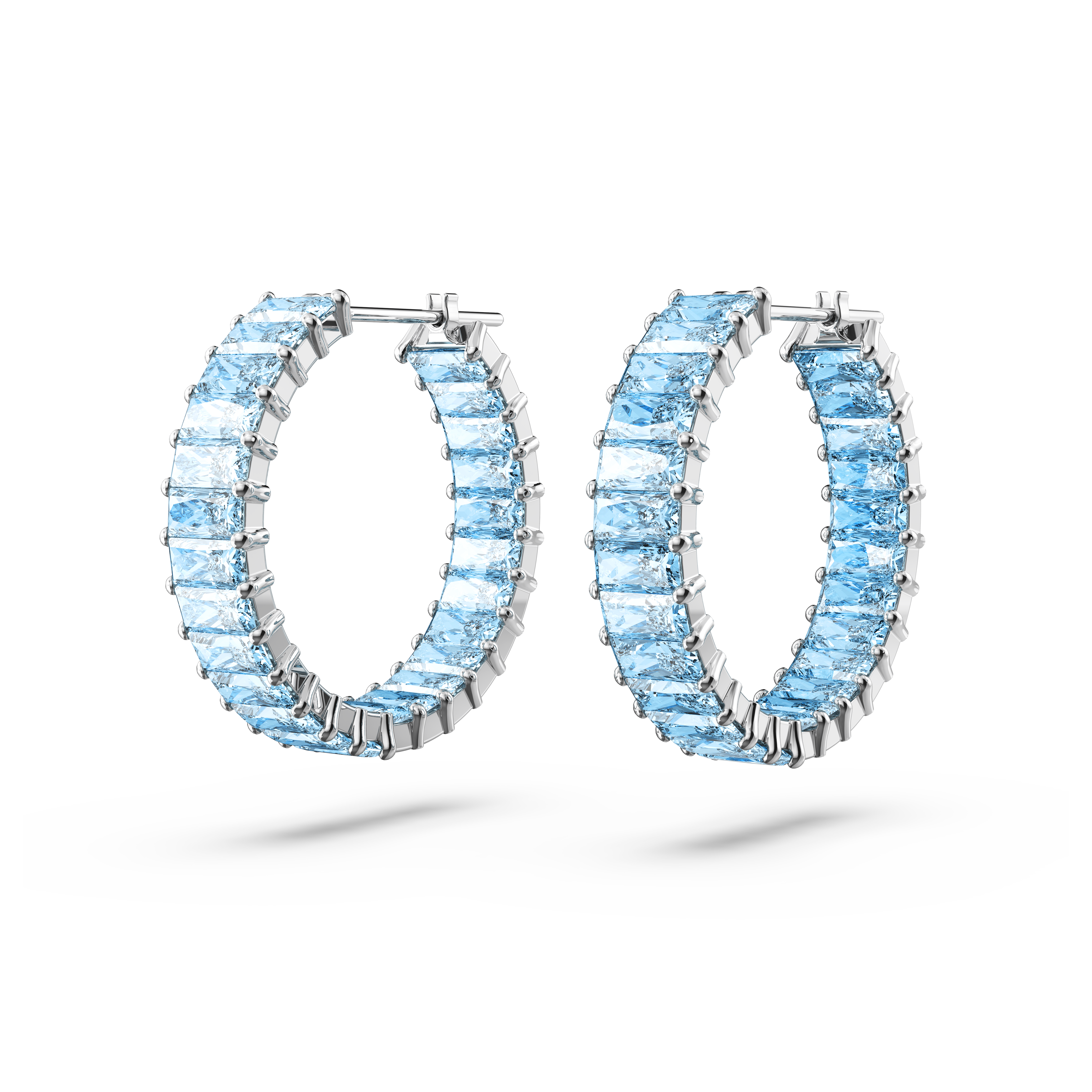 SWAROVSKI MATRIX HOOP EARRINGS, BAGUETTE CUT, BLUE, RHODIUM PLATED 5659037