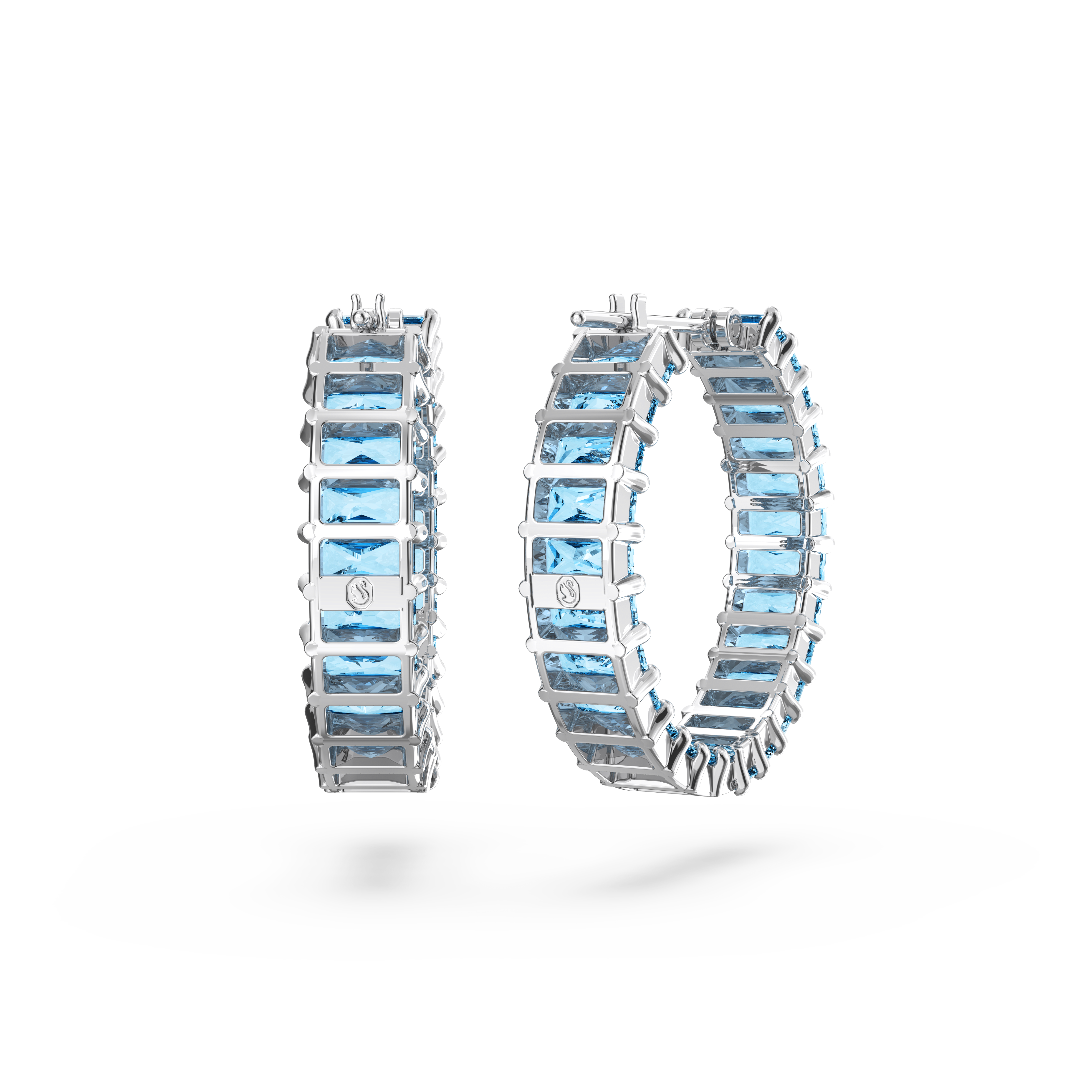 SWAROVSKI MATRIX HOOP EARRINGS, BAGUETTE CUT, BLUE, RHODIUM PLATED 5659037