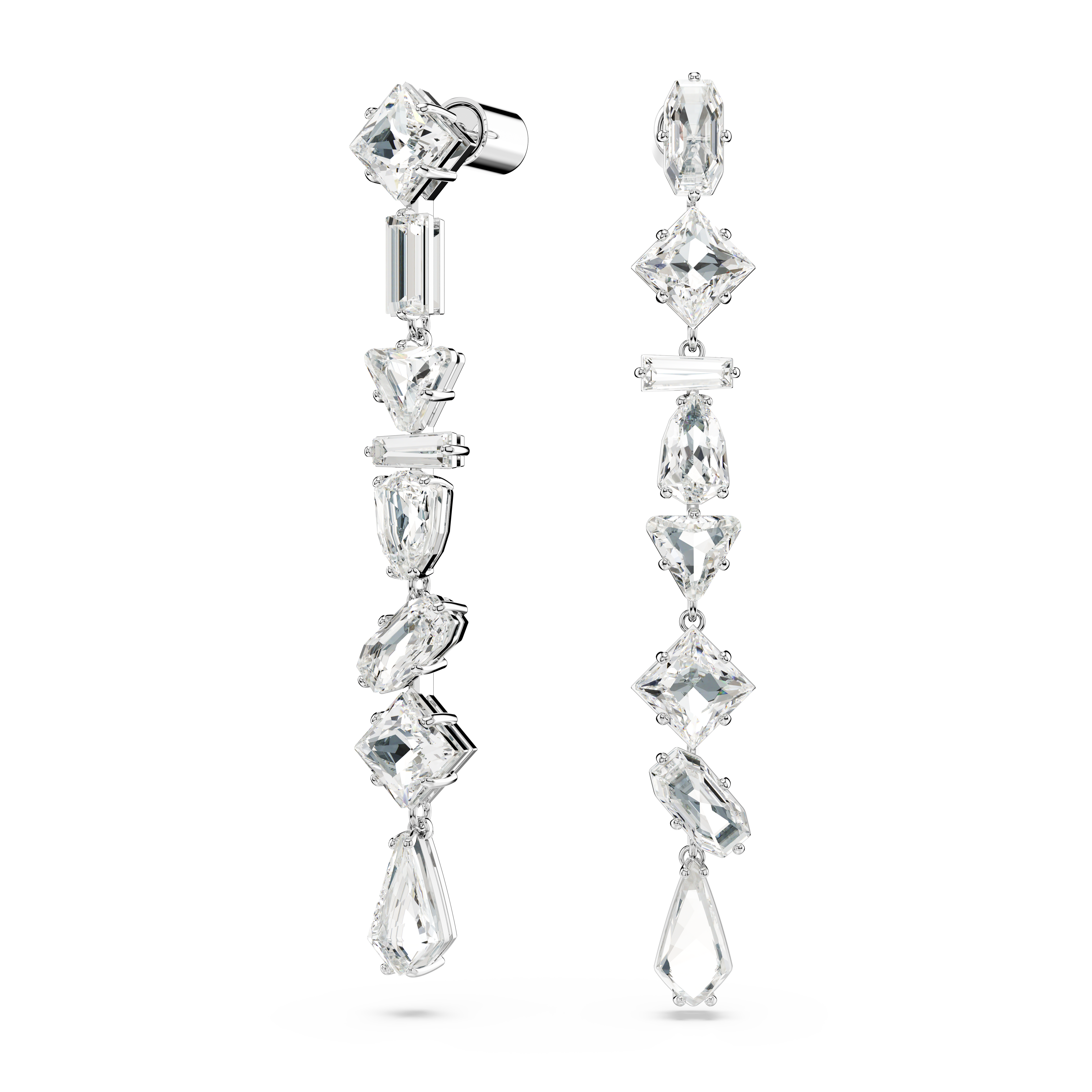 Swarovski Mesmera drop earrings, Asymmetrical design, Mixed cuts, Long, White, Rhodium plated 5661687