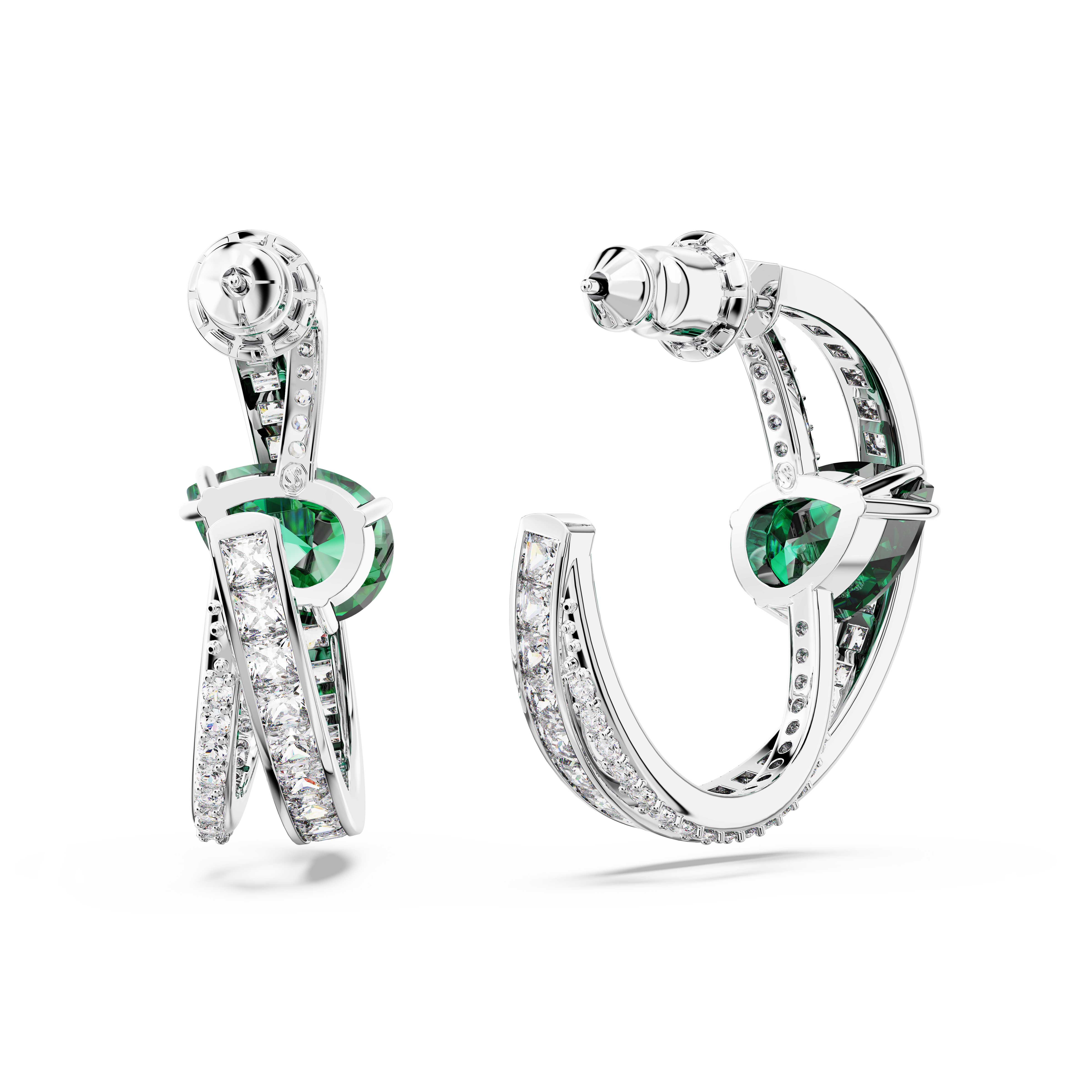 SWAROVSKI HYPERBOLA HOOP EARRINGS, CARBON NEUTRAL ZIRCONIA, MIXED CUTS, GREEN, RHODIUM PLATED 5665334