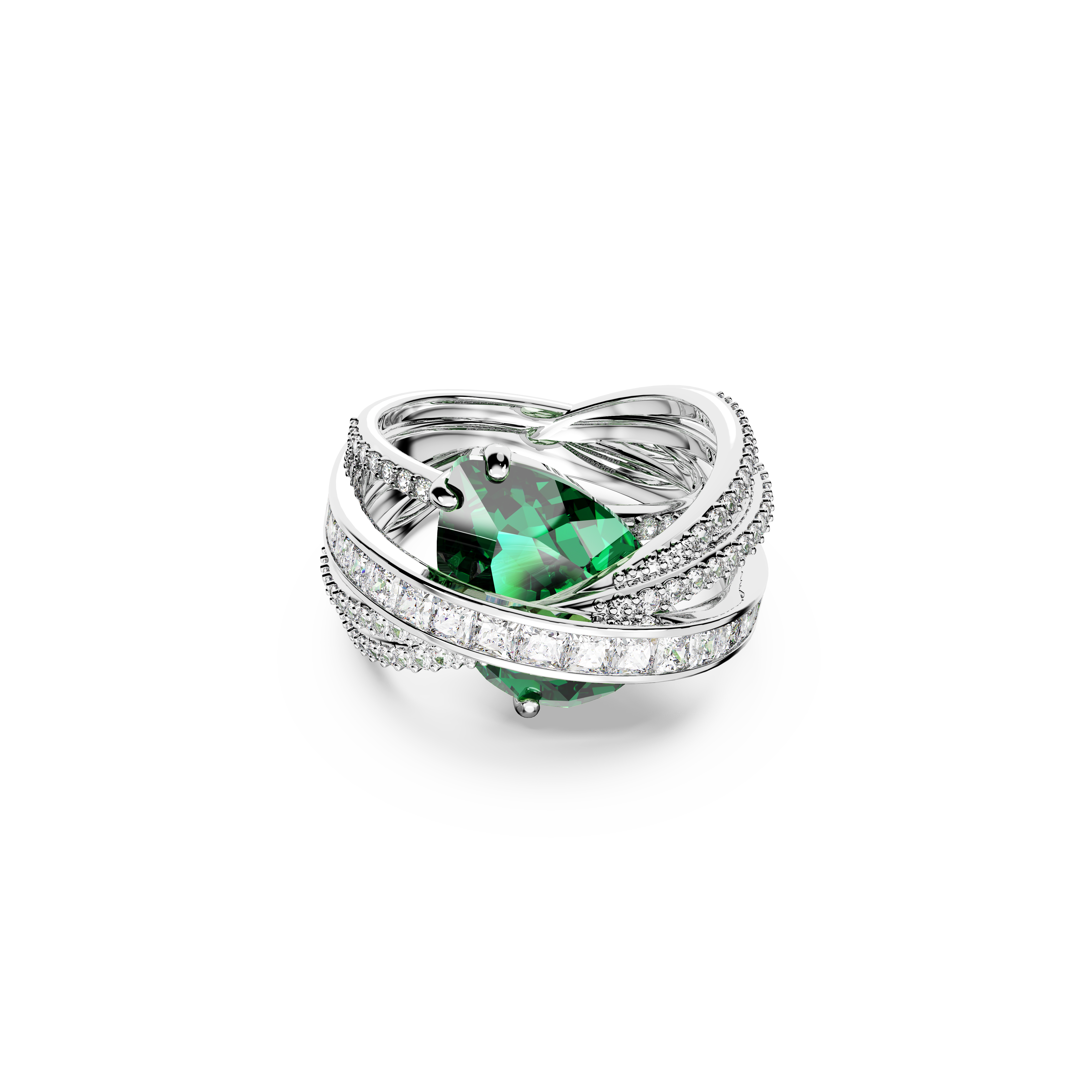 SWAROVSKI HYPERBOLA COCKTAIL RING, CARBON NEUTRAL ZIRCONIA, MIXED CUTS, FOUR BANDS, GREEN, RHODIUM PLATED