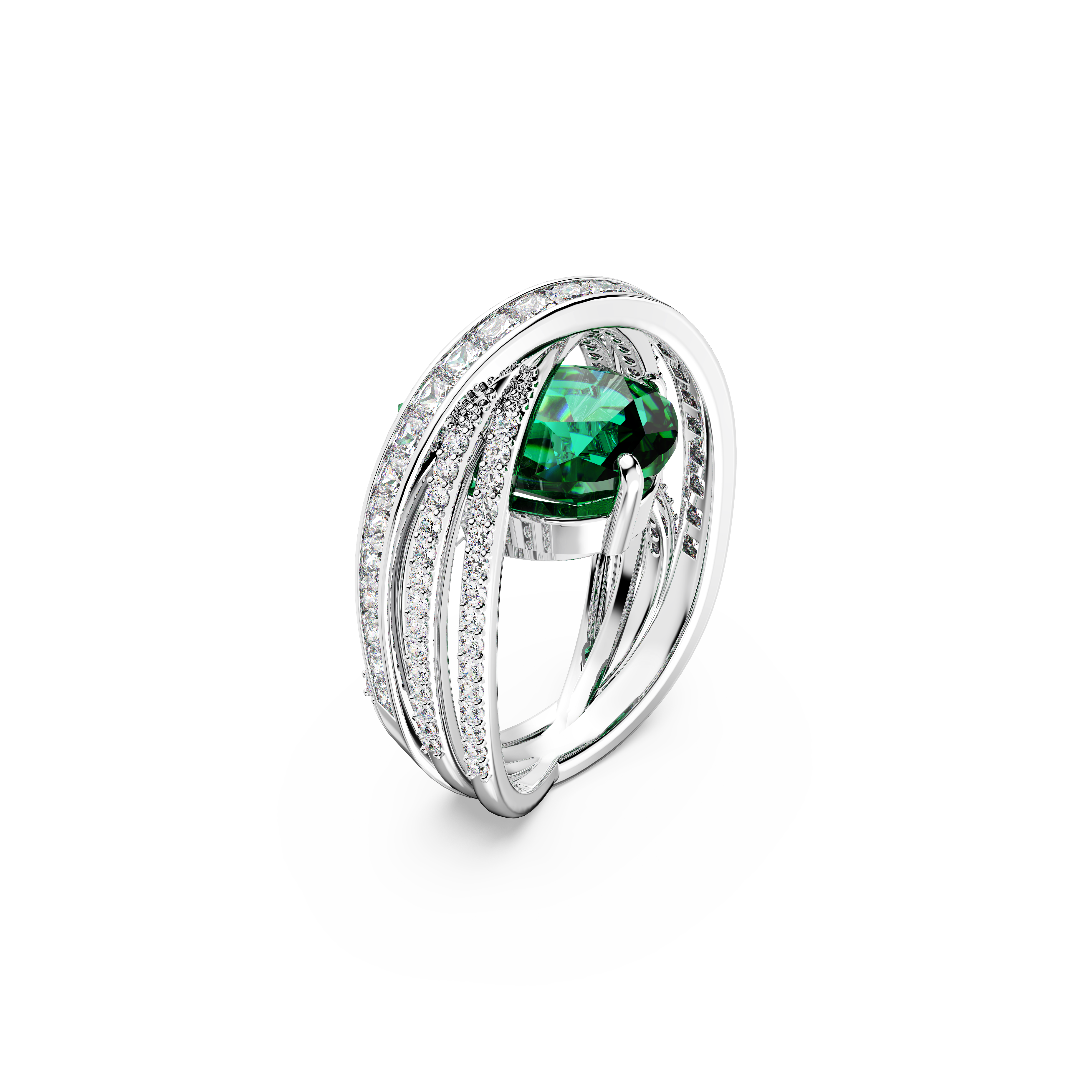 SWAROVSKI HYPERBOLA COCKTAIL RING, CARBON NEUTRAL ZIRCONIA, MIXED CUTS, FOUR BANDS, GREEN, RHODIUM PLATED