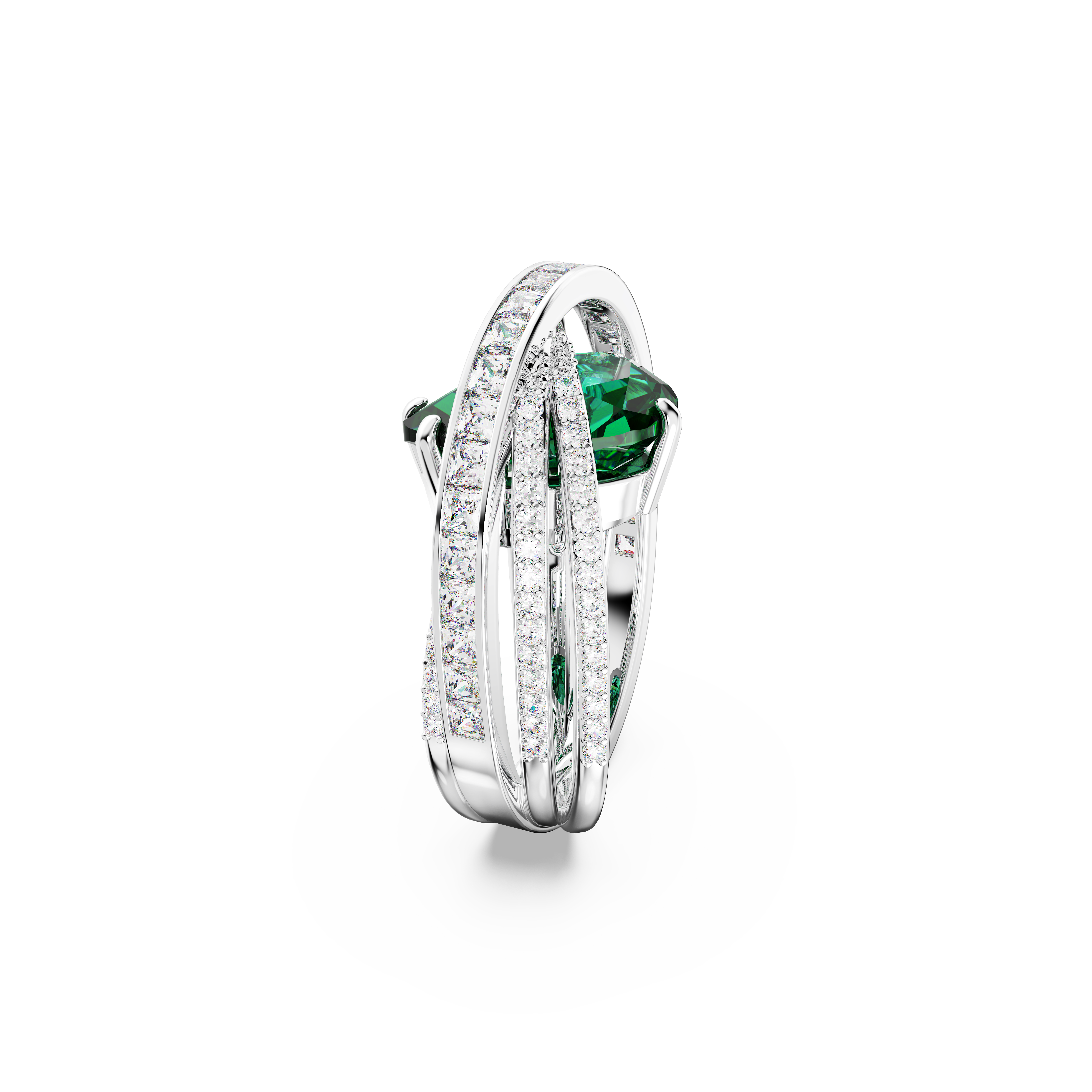 SWAROVSKI HYPERBOLA COCKTAIL RING, CARBON NEUTRAL ZIRCONIA, MIXED CUTS, FOUR BANDS, GREEN, RHODIUM PLATED