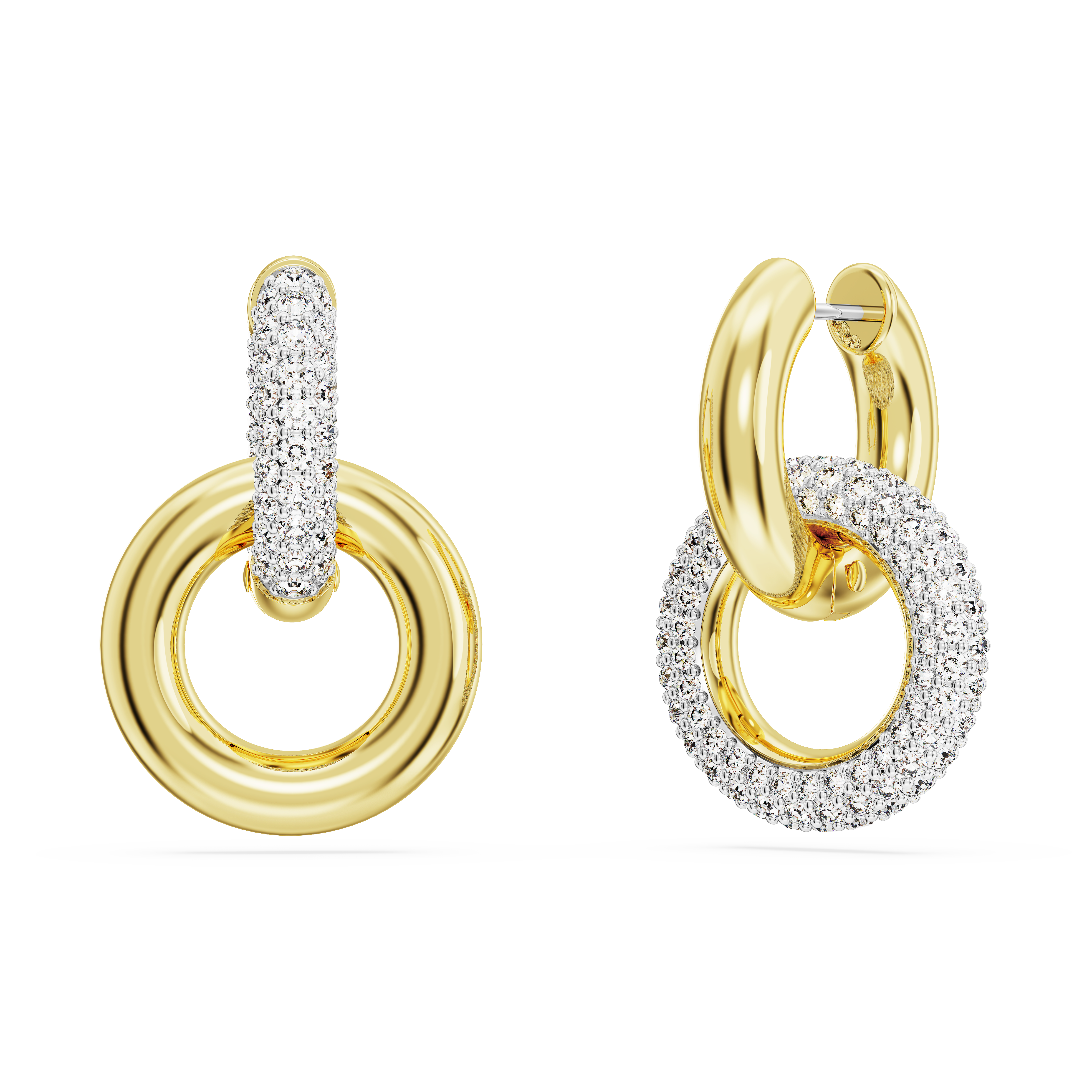Swarovski Dextera hoop earrings, Asymmetrical design, Interlocking loop, White, Gold-tone plated 5668818
