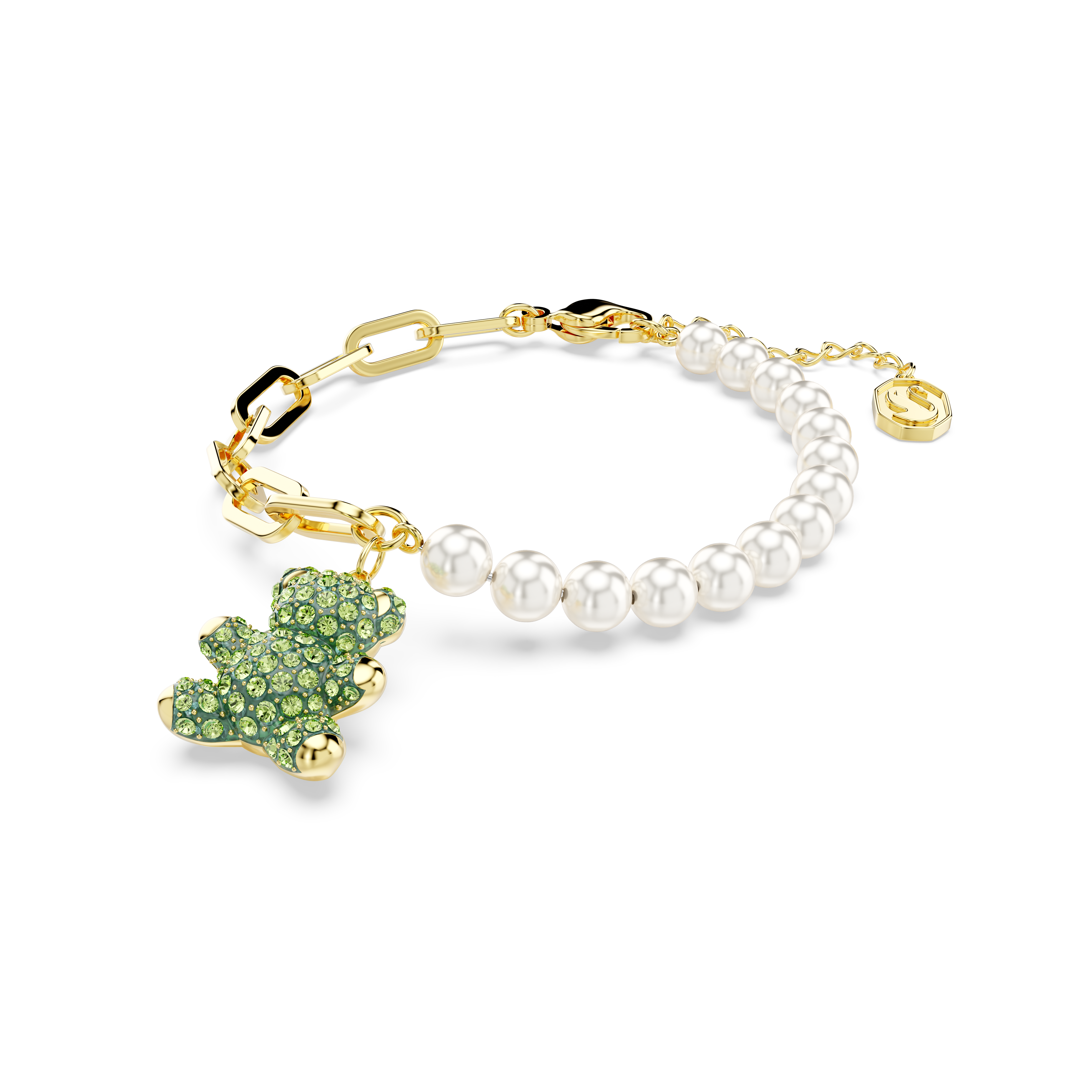 Swarovski Teddy bracelet, Crystal pearl, Bear, Green, Gold-tone plated 5669167