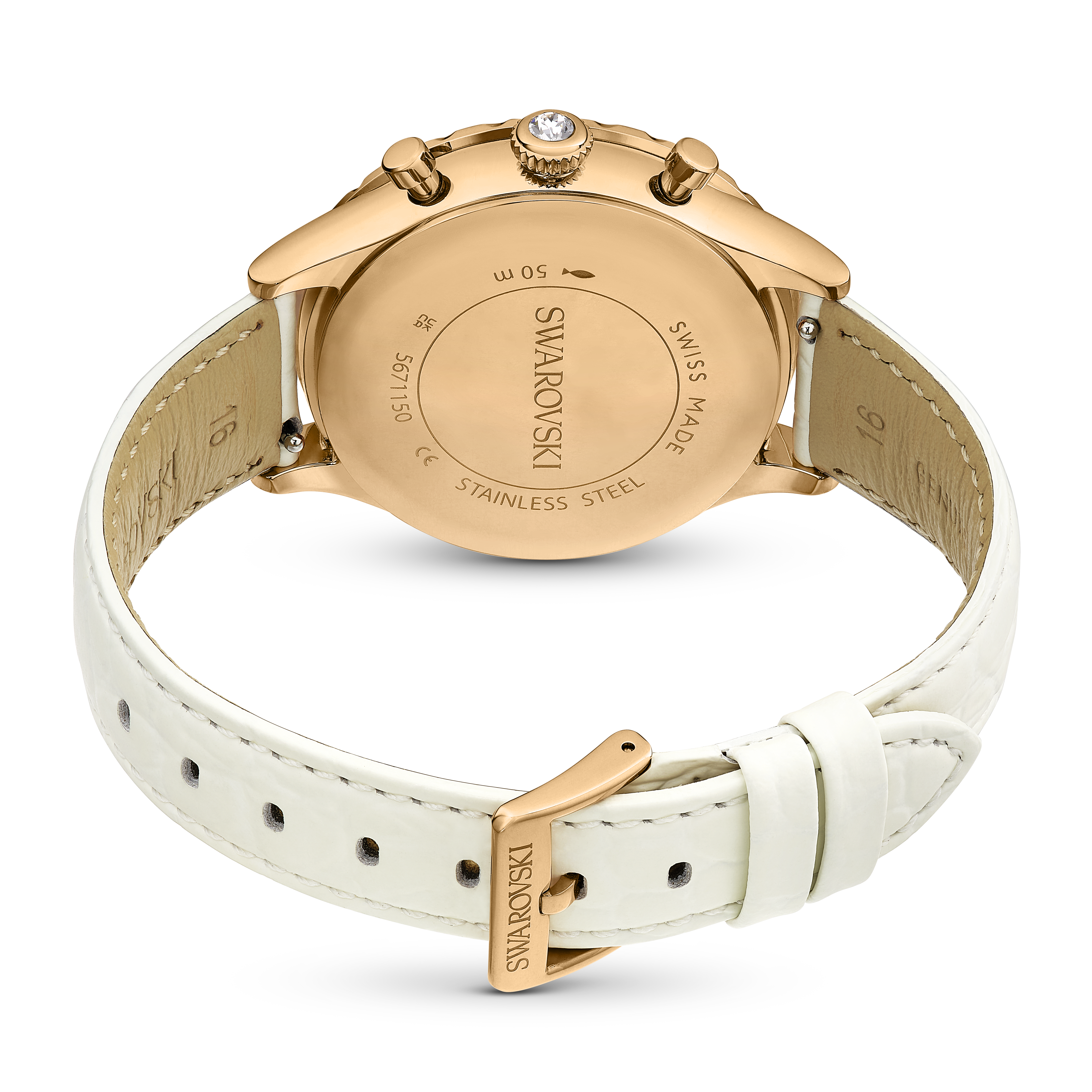 Swarovski Octea chrono watch, Swiss Made, Leather strap, White, Rose gold-tone finish 5671150