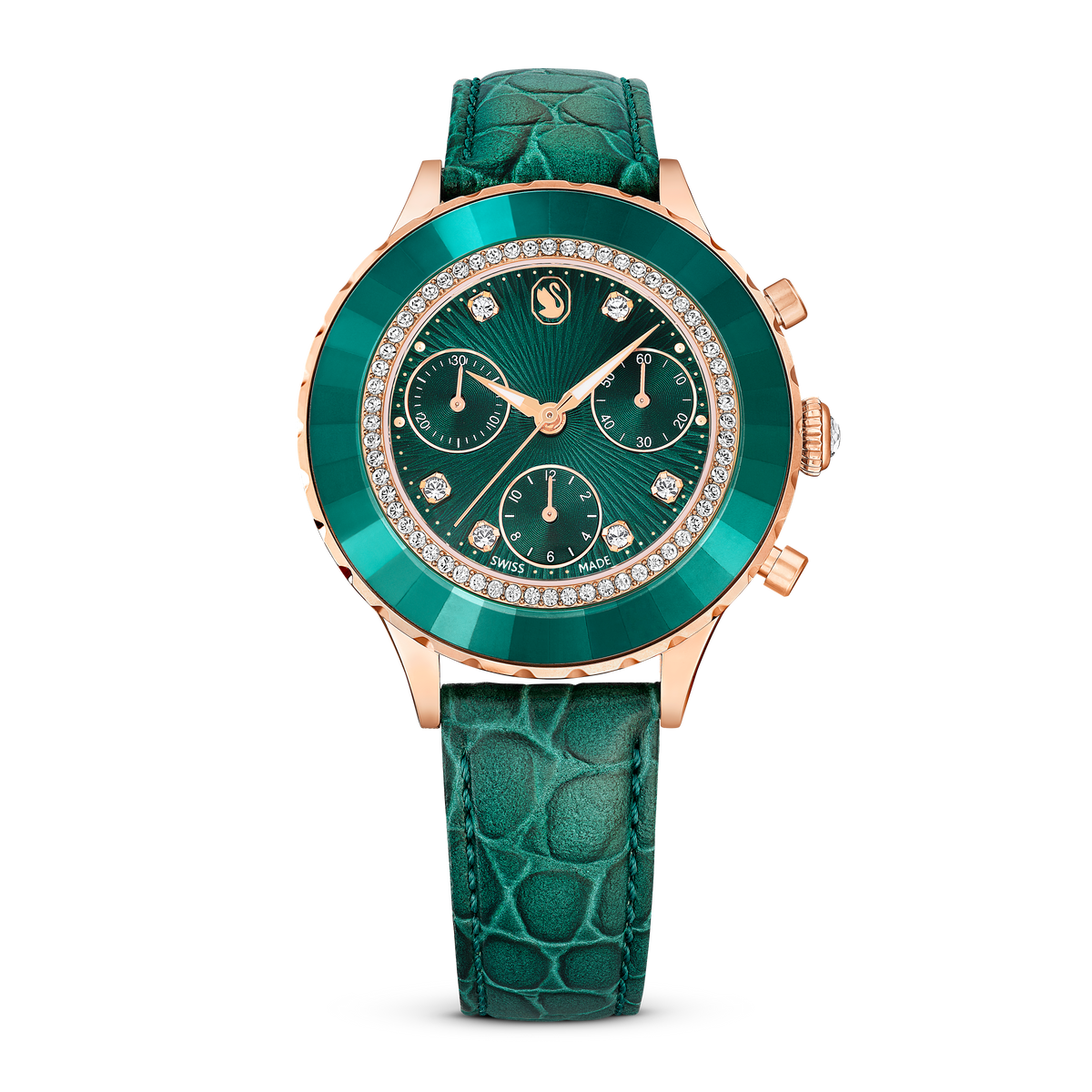 Swarovski Octea chrono watch, Swiss Made, Leather strap, Green, Rose ...